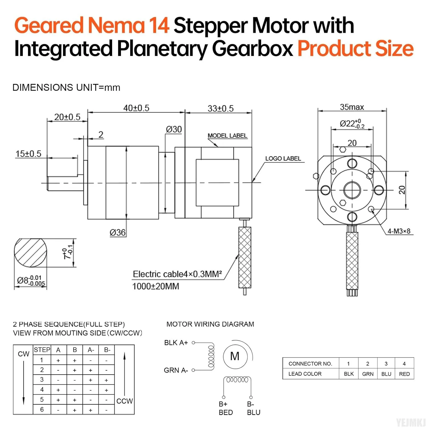 موتور پله‌ای Nema 14 با گیربکس سیاره‌ای یکپارچه با نسبت 10:1، 1.8 درجه، 2 فاز، گشتاور بالا 0.26 نیوتن‌متر (36.82 اونس·اینچ)، دو قطبی 1.2 آمپر، 2.7 اهم، 73 میلی‌متر، 4 سیم، شفت 20 میلی‌متر φ8 میلی‌متر، کابل 1 متری، مناسب برای پرینتر سه بعدی، DIY و CNC