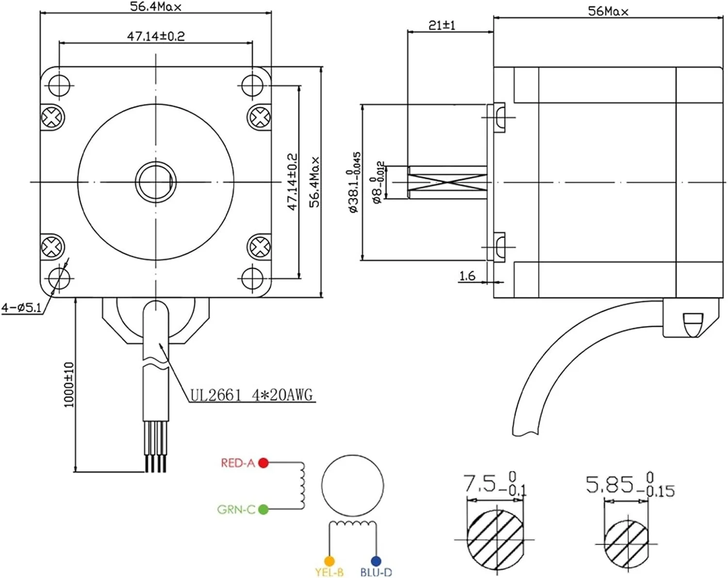 موتور پله ای NEMA23 مدل 57 * 56 با 4 سیم، 3.0 آمپر، 1.2 نیوتن متر، NEMA 23 برای دستگاه فرز حکاکی و پرینتر سه بعدی (8 میلی متر)