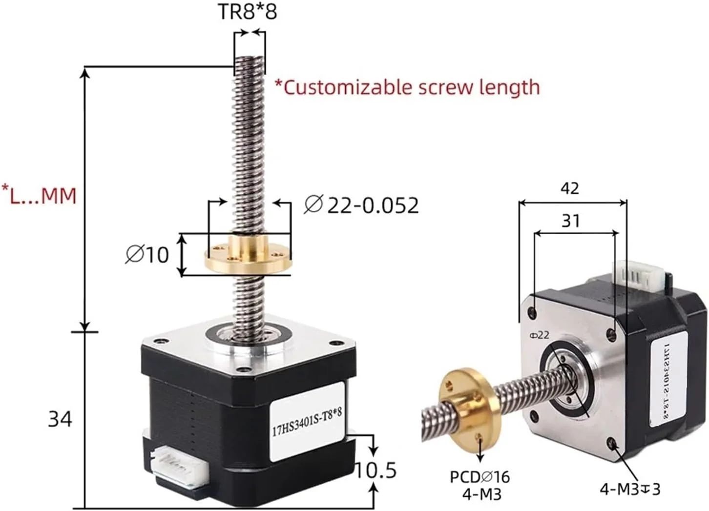 موتور پله ای Nema17 با پیچ سربی T8 به طول 300 میلی متر محور Z 1.8 درجه 17HS3401S-T8 1.3A 28N.CM برای پرینتر سه بعدی (17HS3401S-T8x4-300mm)