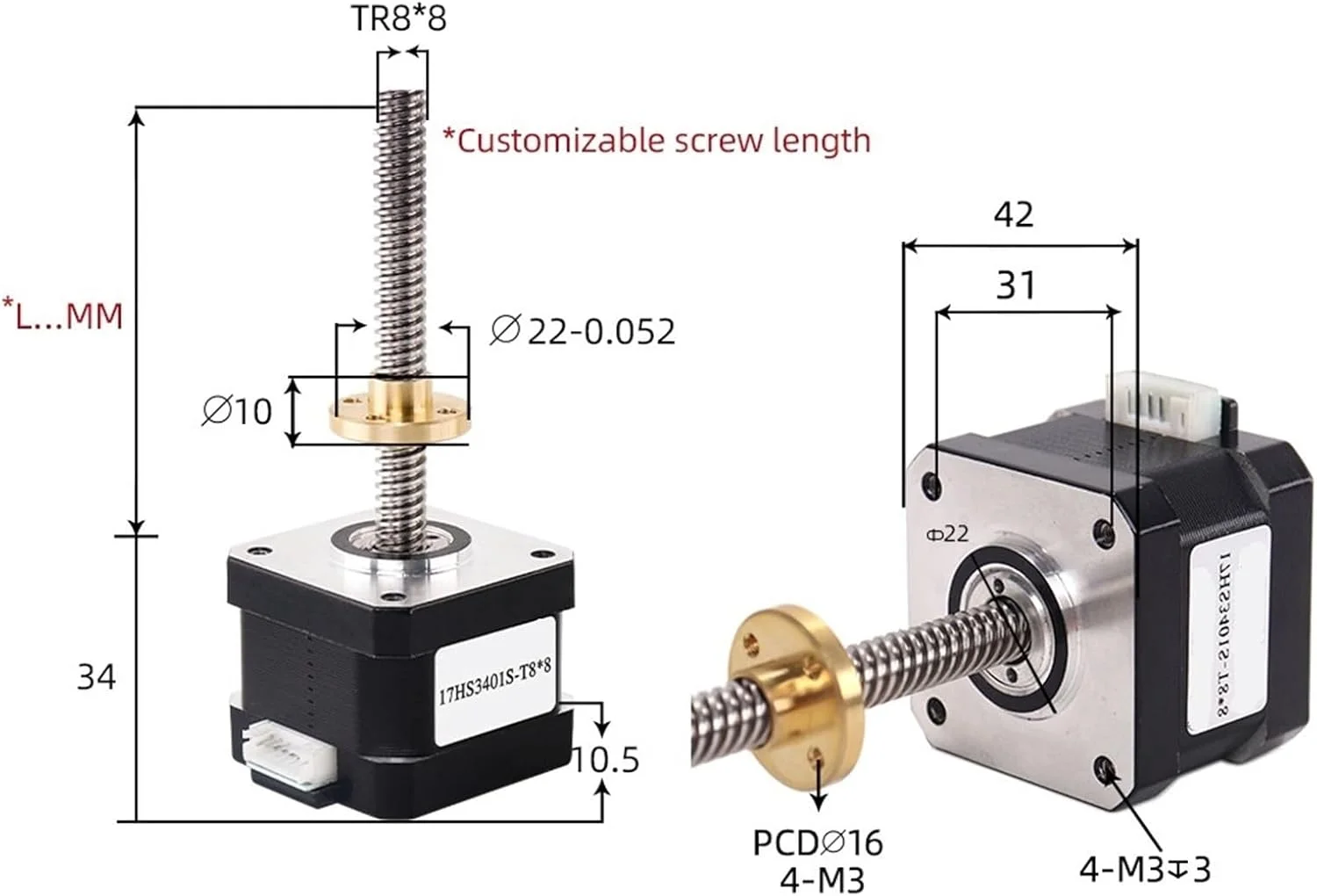 موتور پله ای Nema17 با پیچ سربی 8 میلی متری 1.3 آمپر 28N.CM 34 میلی متری 17HS3401S-T8*8 300 میلی متری برای محور Z موتور چاپگر سه بعدی (17HS3401S-T8-100MM، لید 8 میلی متر)