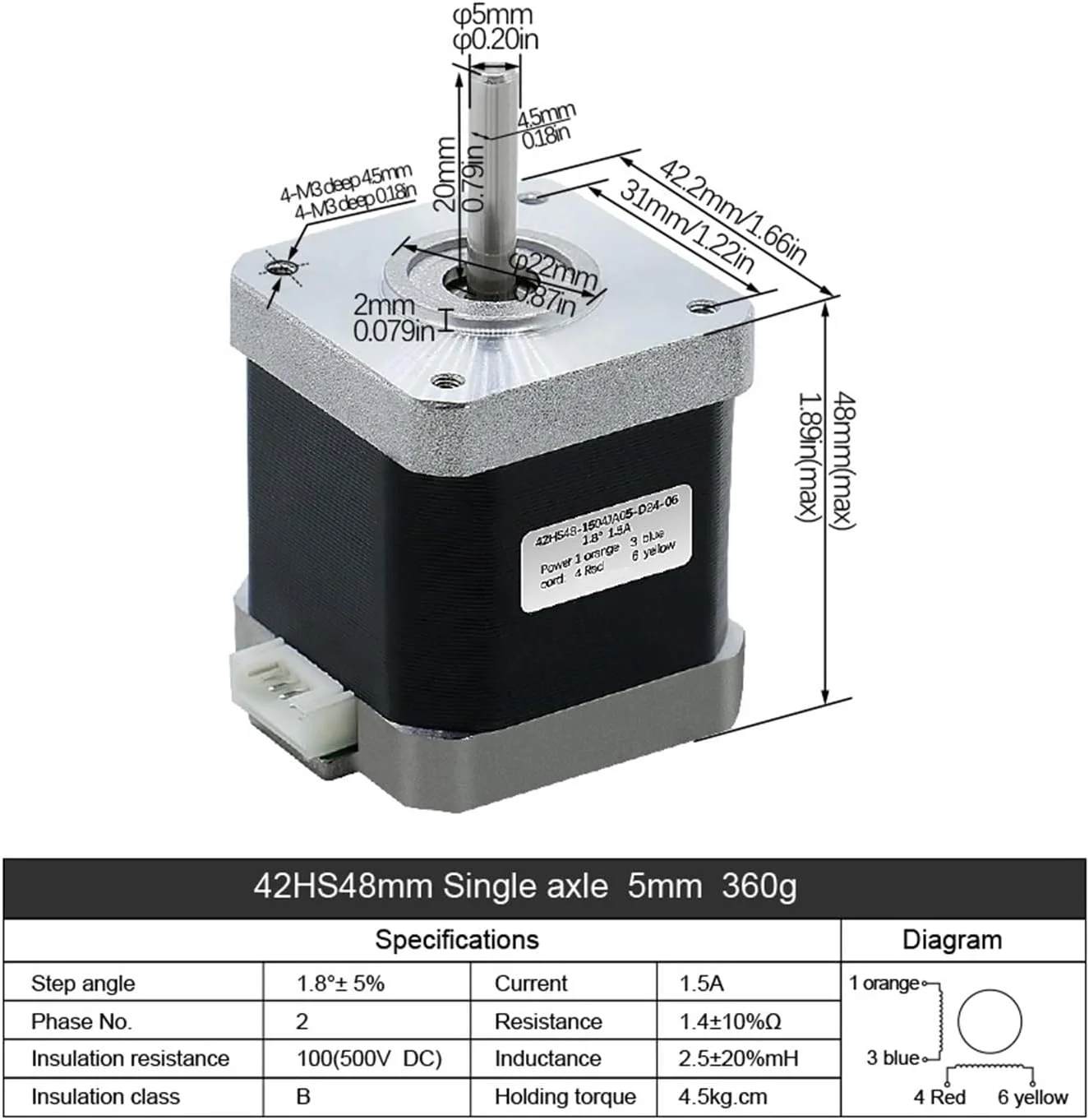موتور پله ای Nema 17 برای پرینتر سه بعدی، 0.45N.m، 42HS48mm، 65ozin، 4.5kg.cm، تک محوره 5mm، جریان 1.5A برای روتر