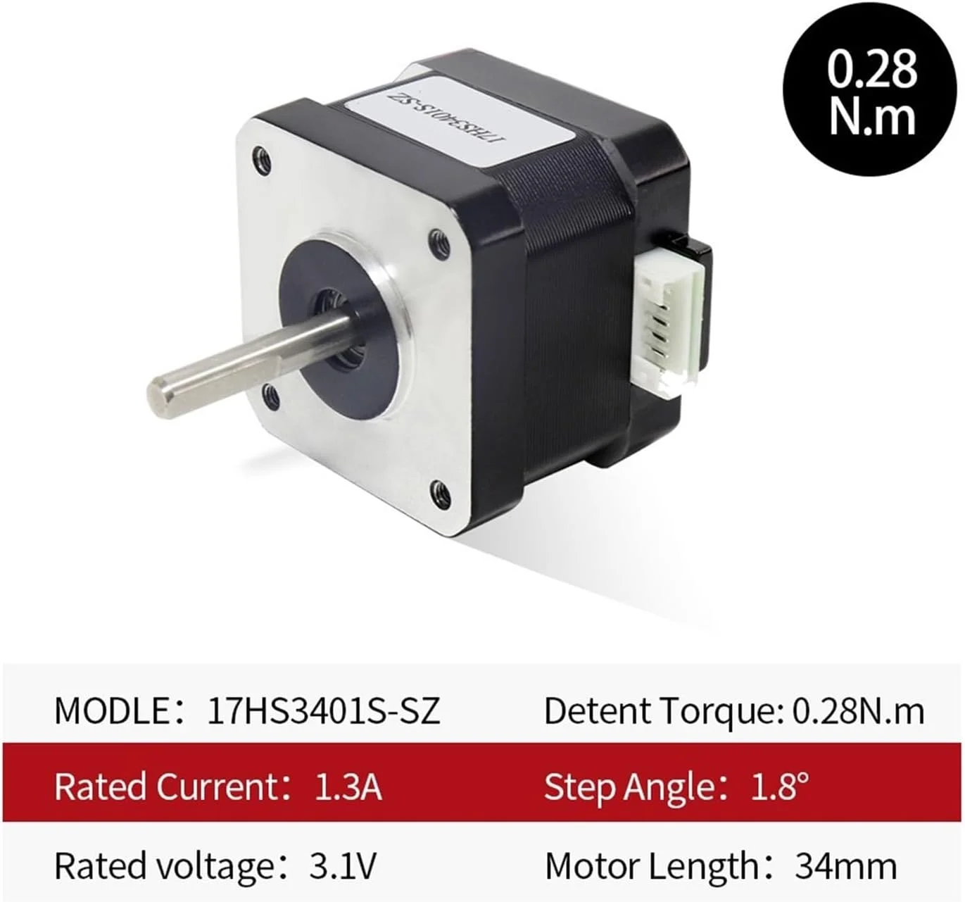 موتور پله‌ای دو محوره NEMA17 مدل 17HS3401S-SZ با گشتاور 28N.cm، جریان 1.3 آمپر، 2 فاز، 4 سیم و زاویه 1.8 درجه - لوازم جانبی پرینتر سه بعدی