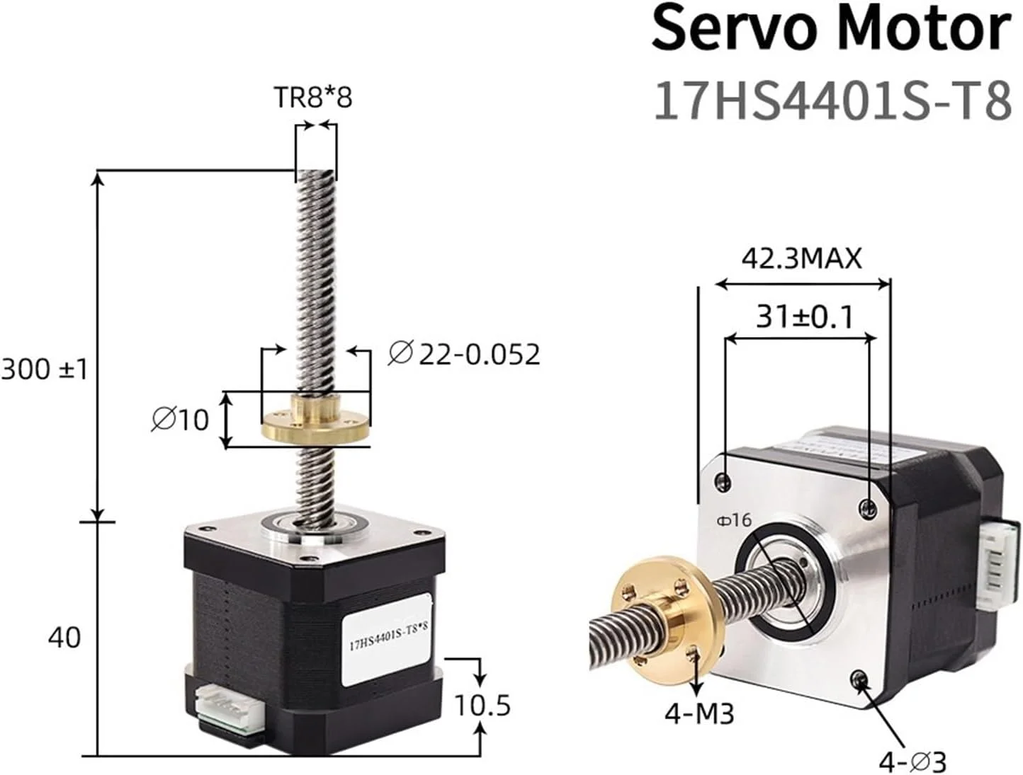 موتور پله ای Nema17 17HS4401S-T8 با پیچ سربی T8 با گام 2/4/8 میلی متر، طول 300 میلی متر، موتور 42، موتور پرینتر سه بعدی 42BYGH با پیچ برای پرینتر سه بعدی. (17HS4401S-T8x2-300mm)