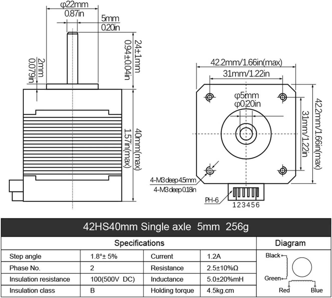 موتور پله‌ای Nema 17 برای پرینتر سه بعدی، 0.45N.m، 42HS40mm، 65ozin، 4.5kg.cm، تک محوره 5mm، جریان 1.2A برای روتر
