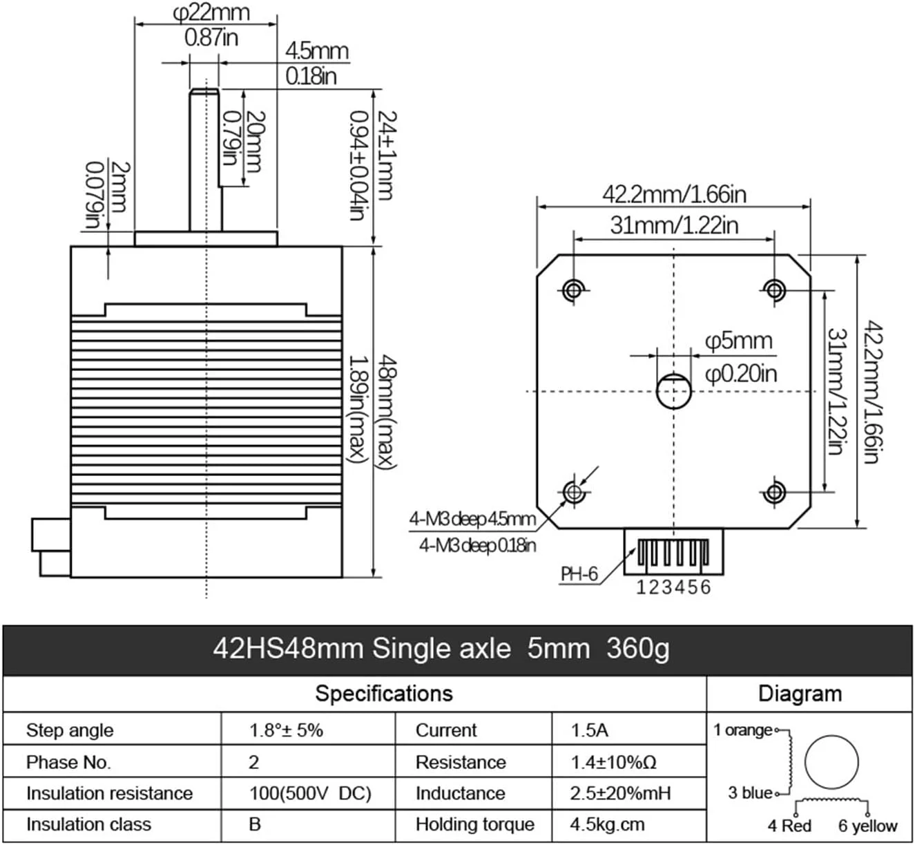 موتور پله ای Nema 17 برای پرینتر سه بعدی، 0.45N.m، 42HS48mm، 65ozin، 4.5kg.cm، تک محوره 5mm، جریان 1.5A برای روتر