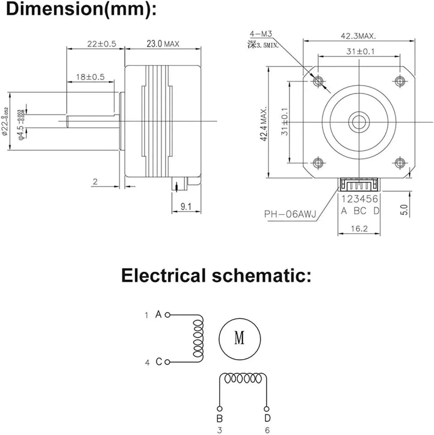 موتور پله ای Nema 17 برای پرینتر سه بعدی، ارتفاع 23 میلی متر، PH-06AWJ 42 به همراه کابل XH2.54 (فقط موتور)