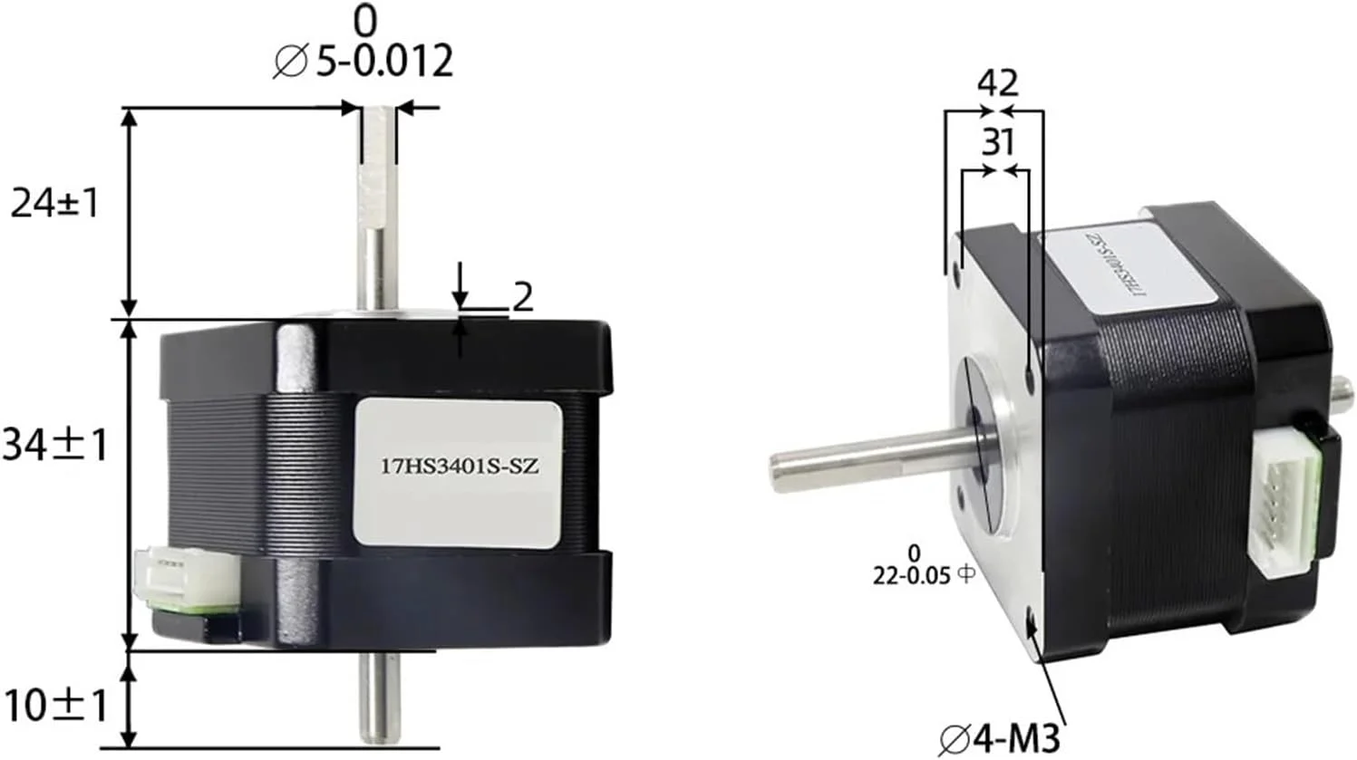 موتور پله‌ای دو محوره NEMA17 مدل 17HS3401S-SZ با گشتاور 28N.cm، جریان 1.3 آمپر، 2 فاز، 4 سیم و زاویه 1.8 درجه - لوازم جانبی پرینتر سه بعدی