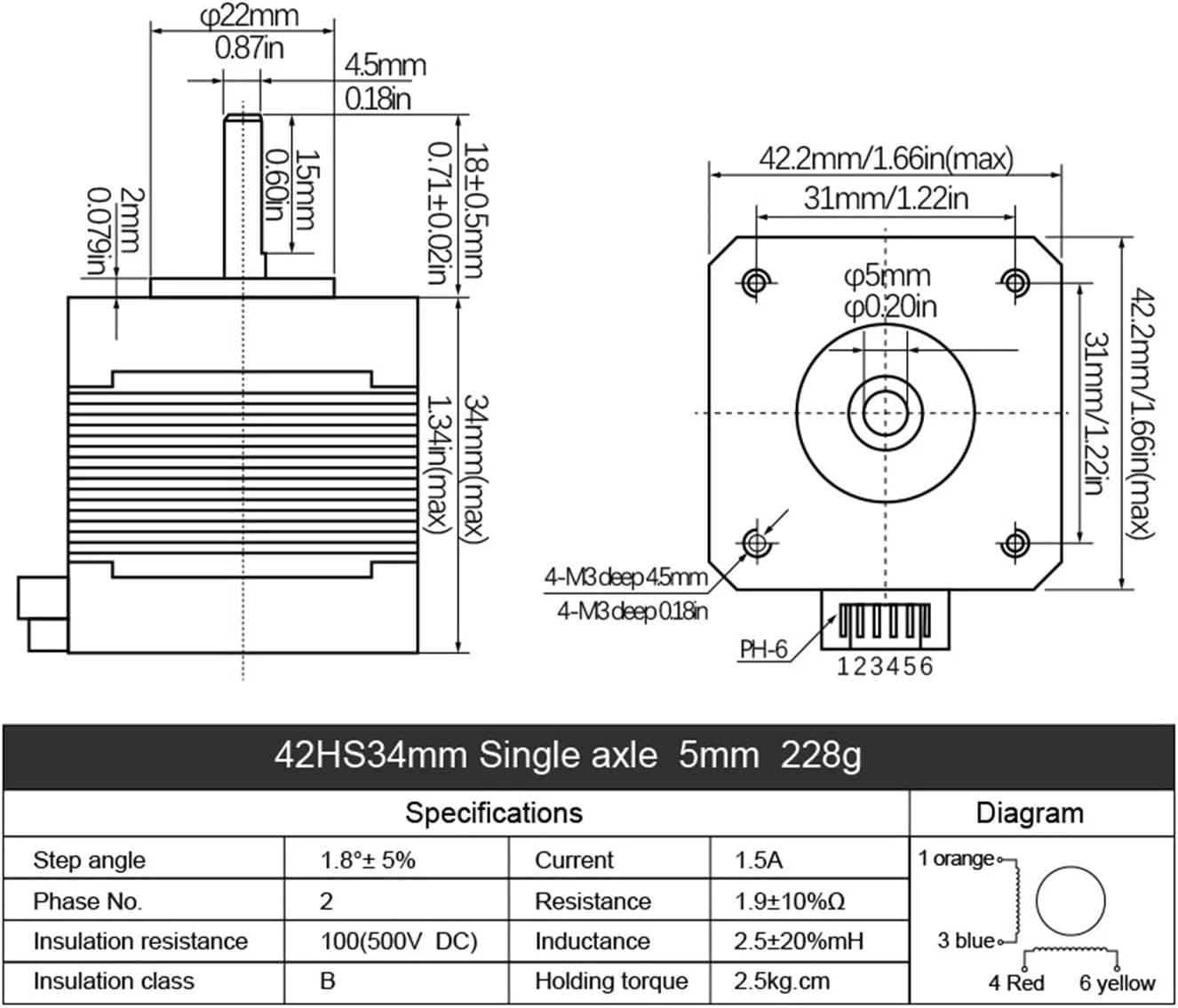 موتور پله ای Nema 17 پرینتر سه بعدی 0.25N.m 42HS34mm 36ozin 2.5kg.cm تک محوره 5mm جریان 1.5A برای روتر