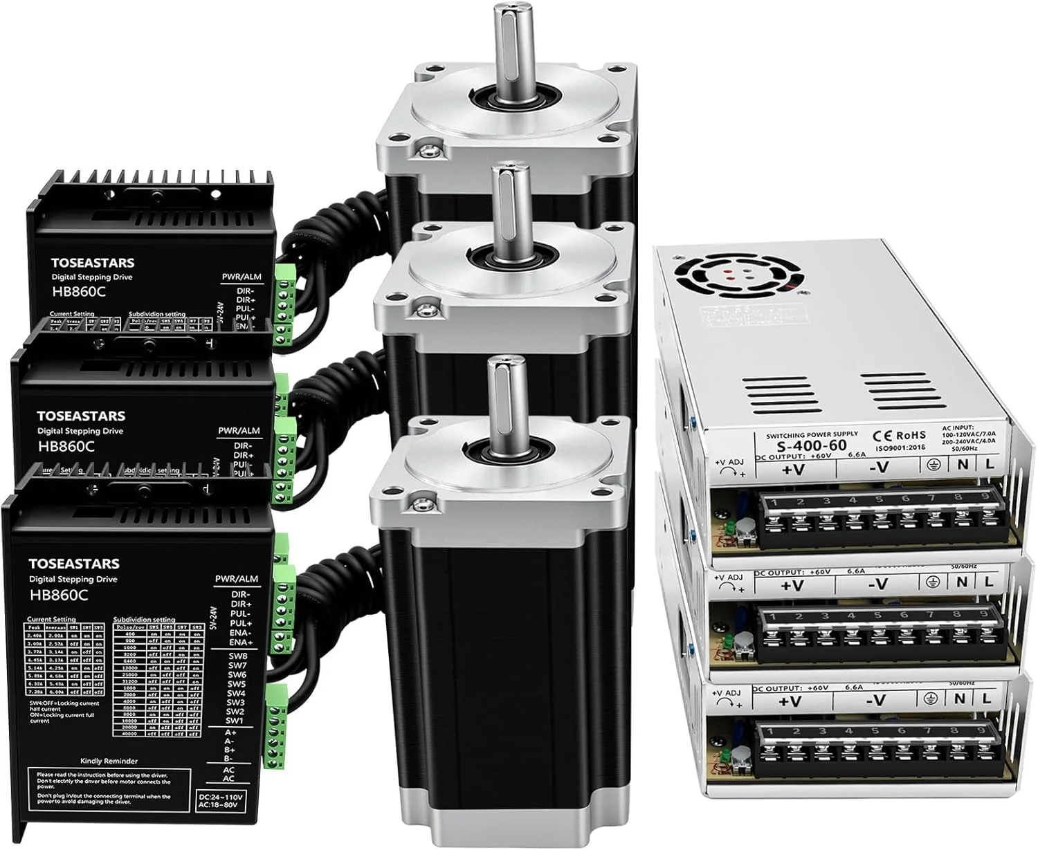 کیت کنترلر CNC سه محور با استپ موتور Nema 34 86mm، 12Nm، شفت 14mm، بدنه 150mm، درایور استپ موتور، منبع تغذیه 400W 60V، کارت کنترل CNC USB Mach3