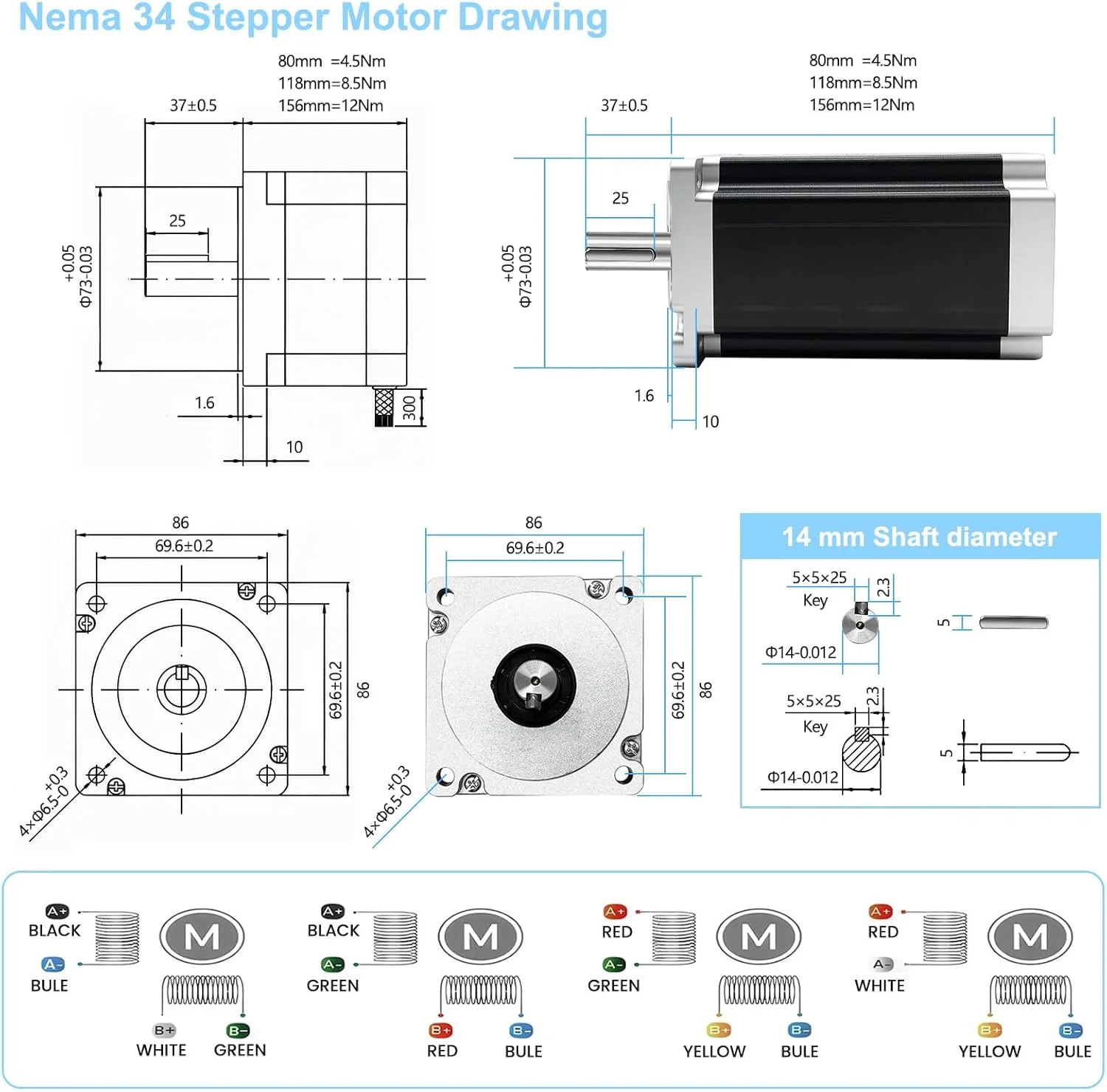 کیت کنترلر CNC سه محور با استپ موتور Nema 34 86mm، 12Nm، شفت 14mm، بدنه 150mm، درایور استپ موتور، منبع تغذیه 400W 60V، کارت کنترل CNC USB Mach3