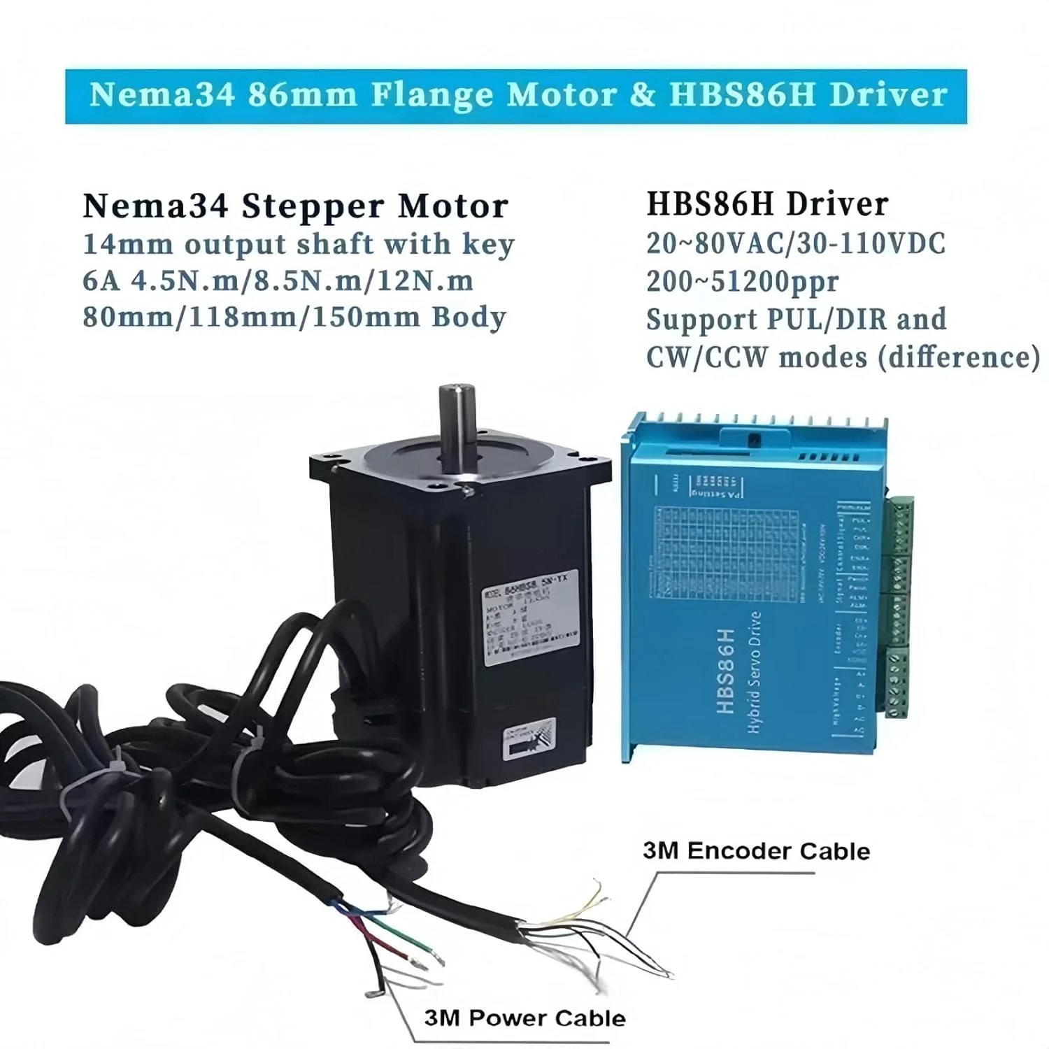 موتور پله‌ای حلقه بسته تک محور Nema 34 12 نیوتن متر / 1714 اونس اینچ 156 میلی‌متر، درایور موتور پله‌ای حلقه بسته 20-80VAC مدل HBS86H کیت موتور CNC