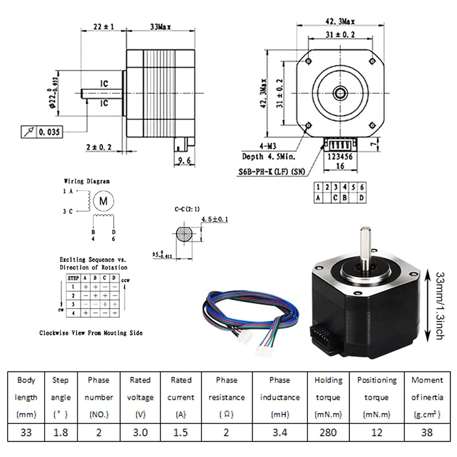 موتور پله ای 42 TopHomer، 4.1 ولت 1.5 آمپر، موتور DC پله ای برای پرینترهای سه بعدی، ماشین های حکاکی، ماشین های نوشتن (ارتفاع 33 میلی متر با خط XH2.54 به طول 1000 میلی متر)
