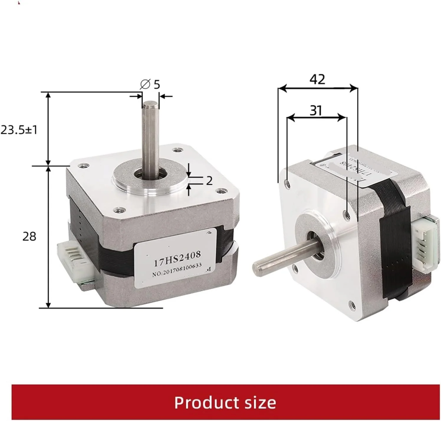 موتور پله ای 42 مدل 17HS2408 با گشتاور بالا، 4 سیم، 0.6 آمپر، 12N.CM مناسب CNC، لیزر و پرینتر سه بعدی - 1 عدد