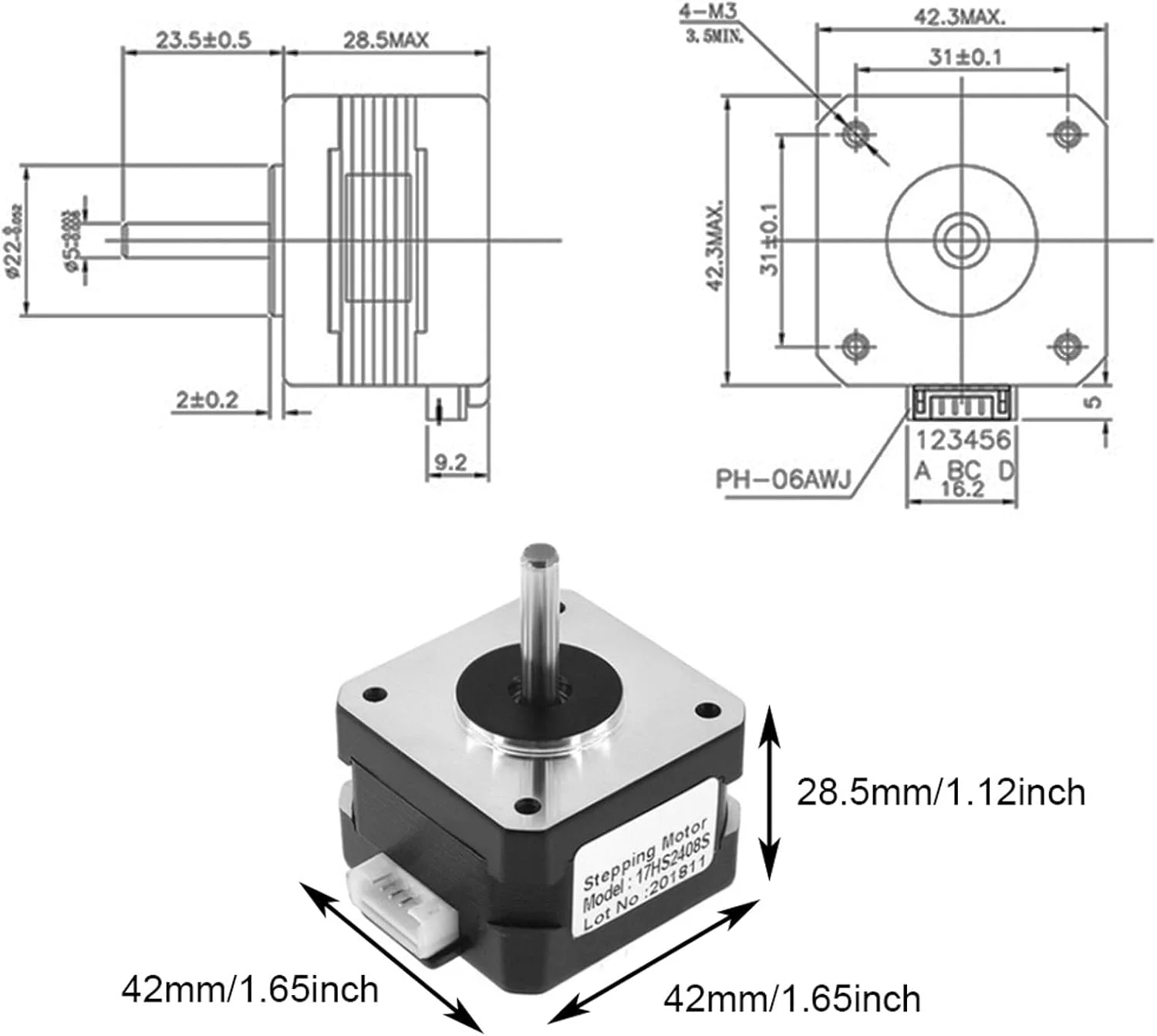 موتور پله ای دو قطبی TopHomer 42 به همراه سیم اتصال، 2 فاز DC 0.4 آمپر/فاز 1.8 درجه موتور پله ای برای پرینترهای سه بعدی، دستگاه های حکاکی CNC (17HS2408)
