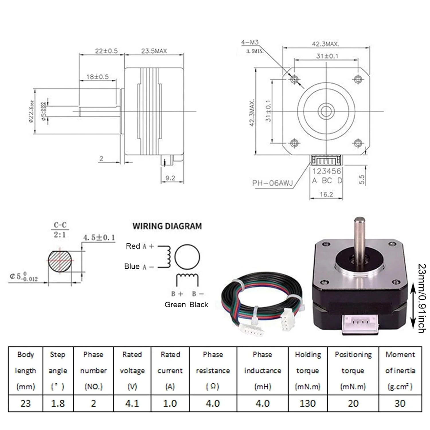 موتور پله ای 42 TopHomer، 4.1 ولت 1.5 آمپر، موتور DC پله ای برای پرینترهای سه بعدی، ماشین های حکاکی، ماشین های نوشتن (ارتفاع 33 میلی متر با خط XH2.54 به طول 1000 میلی متر)