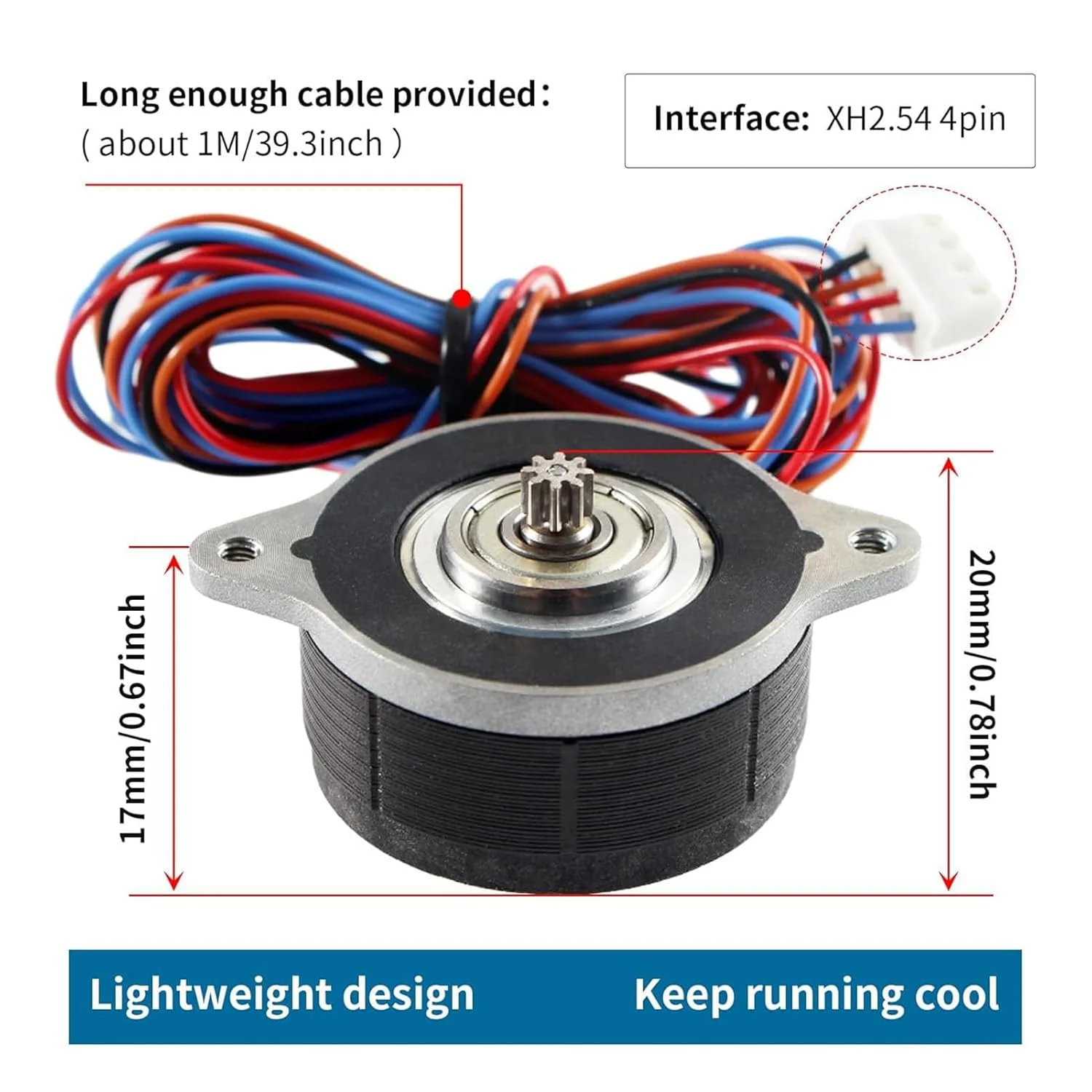 موتور پله ای 10 دندانه استیل ضد زنگ 1 آمپر 1.9 ولت DC دو فاز با گشتاور بالا و کابل 1 متری سازگار با پرینترهای سه بعدی
