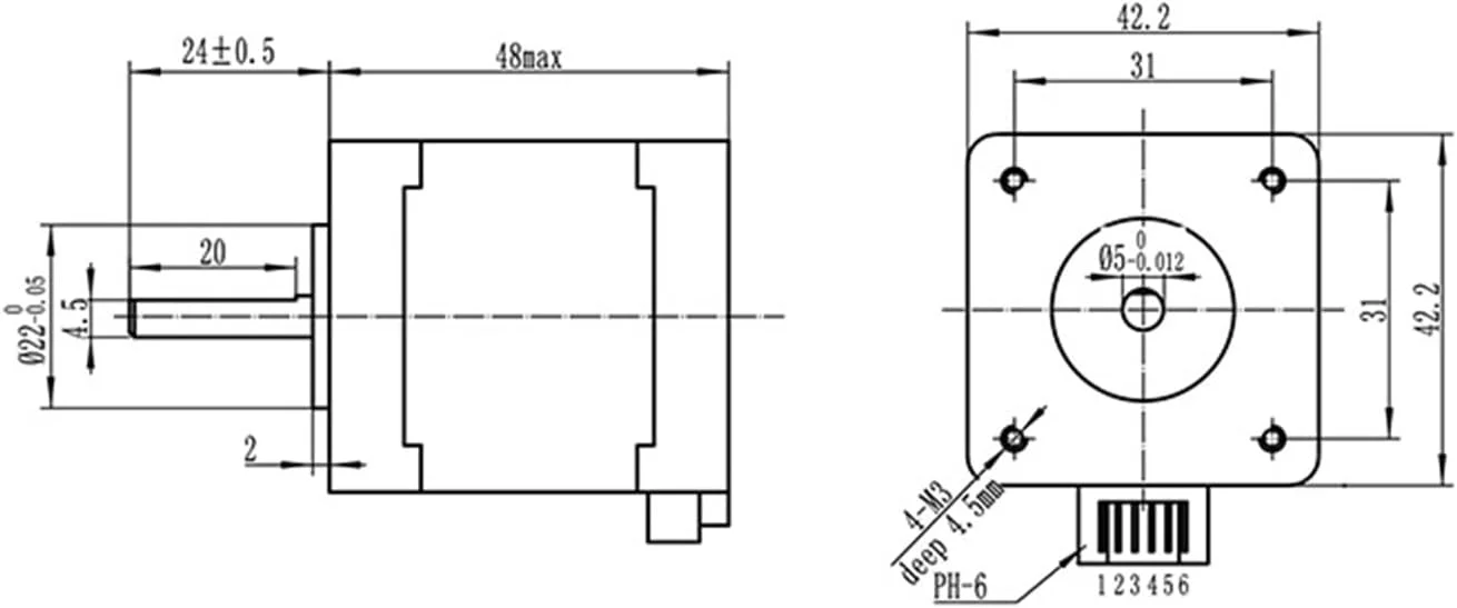 یک عدد موتور پله ای 45Ncm 17، موتور پله ای 42، 1.8 درجه، 1.5 آمپر، 48 میلی متر برای اکسترودر پرینتر سه بعدی و دستگاه حکاکی
