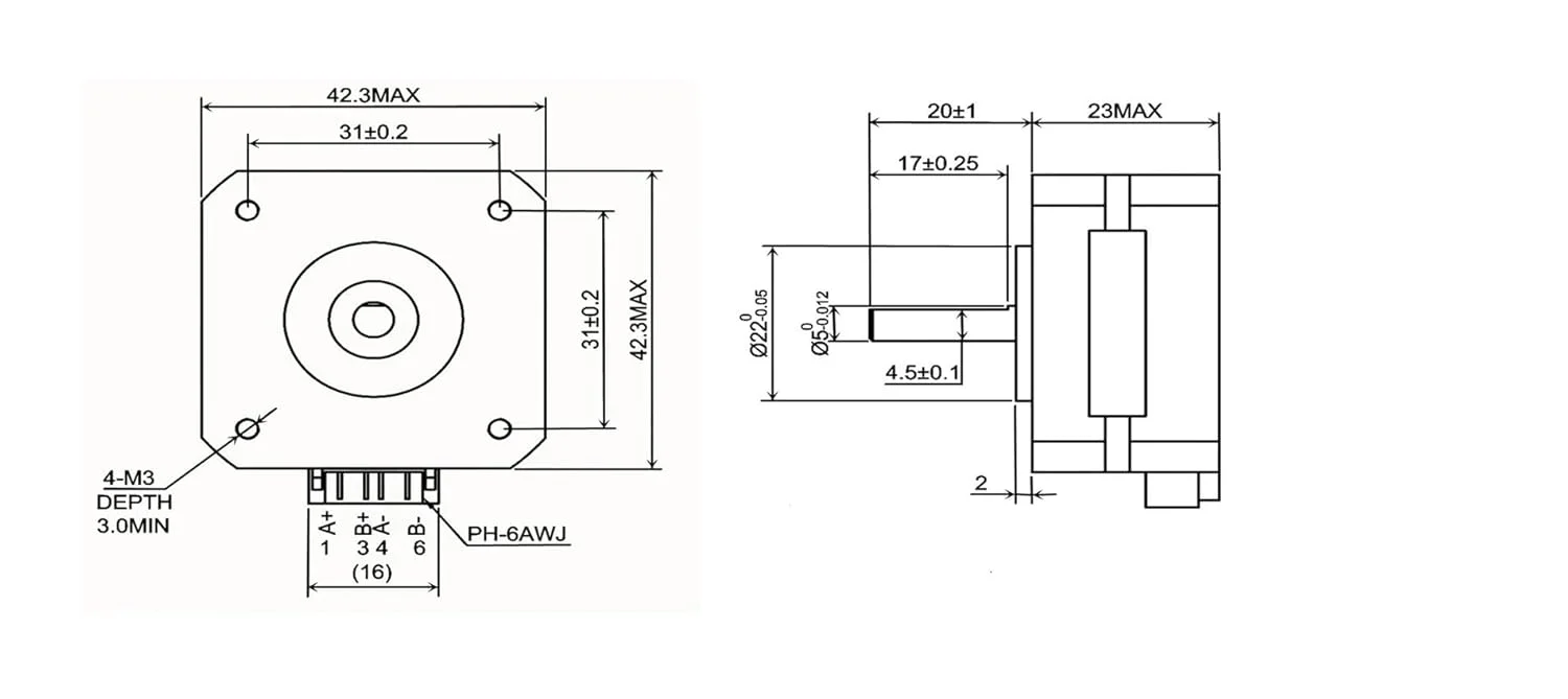 موتور پله ای سایز 17، 17Ncm، 42x23mm، موتور دو فاز 1 آمپر برای پرینتر سه بعدی و CNC