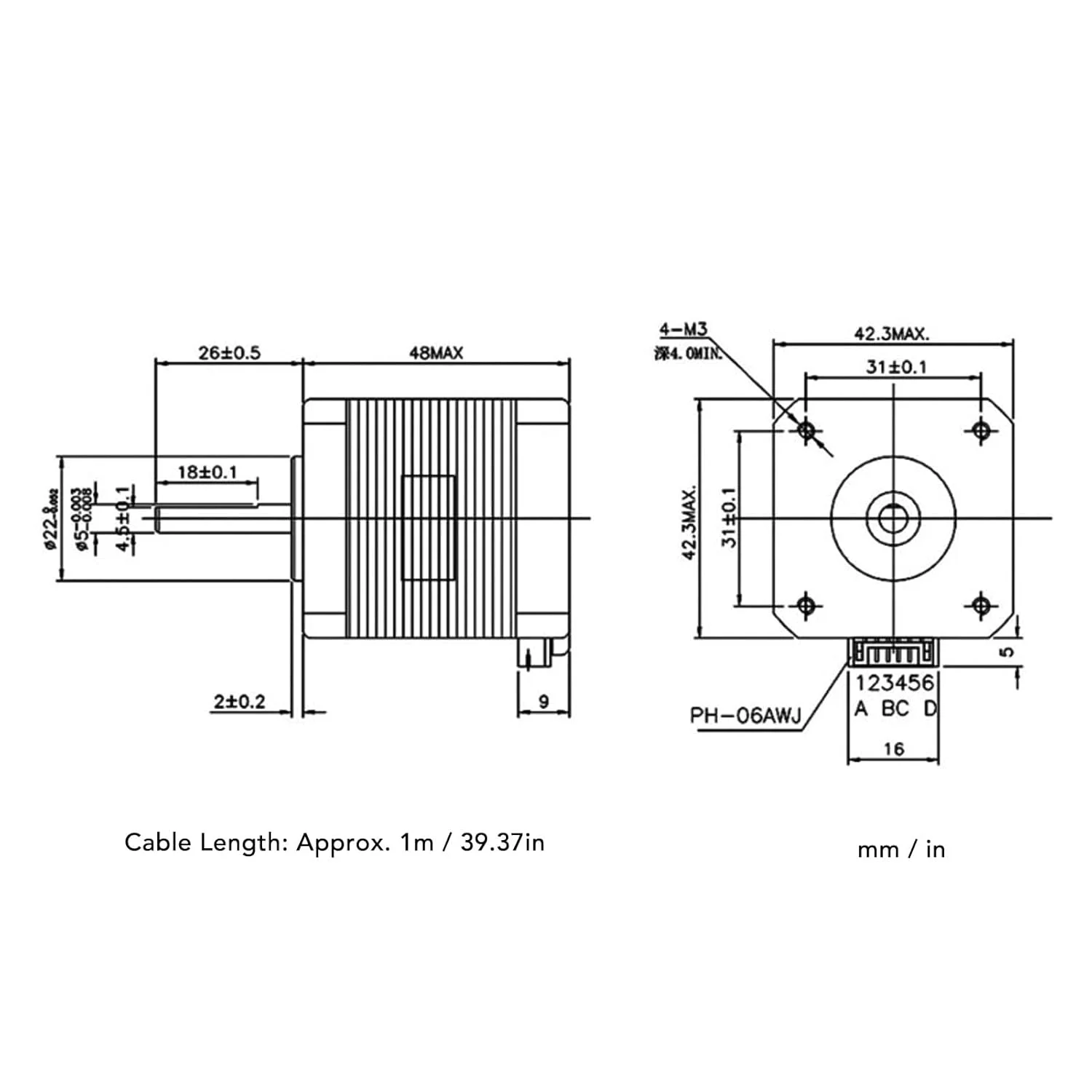 موتور پله ای برای Nema 17 2A 59Ncm بدنه 48mm 4 سیم موتور پله ای با کابل 1 متری و کانکتور مادگی دو قطبی 42 4 سیم برای پرینتر سه بعدی CNC