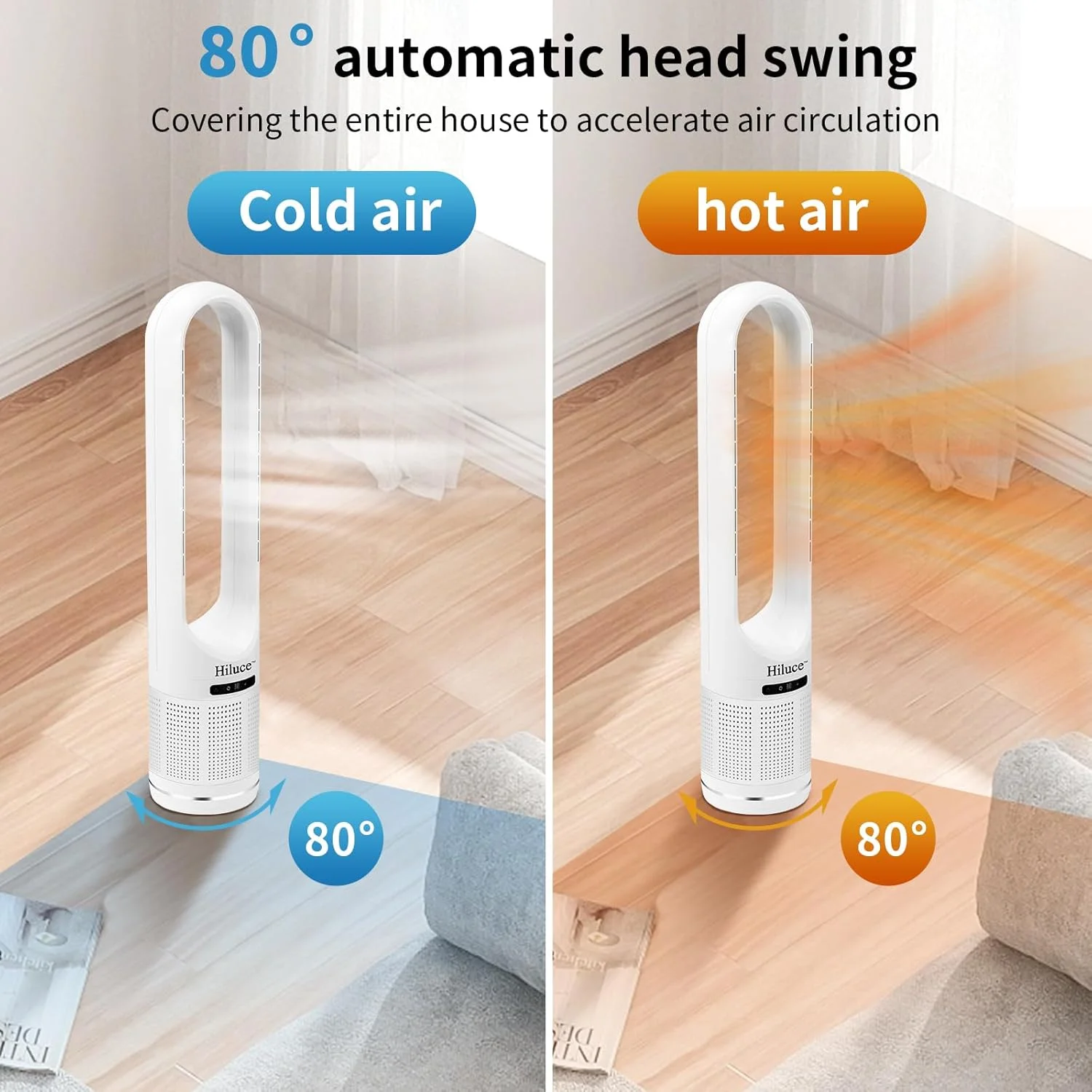 پنکه بدون پره 3 در 1 با تصفیه کننده هوا، بخاری داخلی، ترکیبی از پنکه و بخاری با فیلتر HEPA، کلید خاموشی در صورت واژگونی، پنکه های برجی بی صدا با سرعت 26 فوت بر ثانیه، چرخش 80 درجه، 8 سرعت، تایمر 9 ساعته، 32 اینچ بزرگ