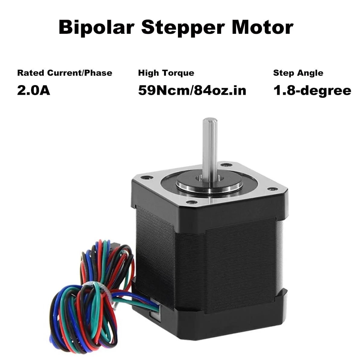 موتور پله ای Nema 17، 2A، موتور پله ای دو قطبی، 59Ncm، گشتاور بالا، 48mm، 4 سیم با کابل 1 متری و کانکتور برای پرینتر سه بعدی، دستگاه های CNC و پروژه های DIY (5 عدد)