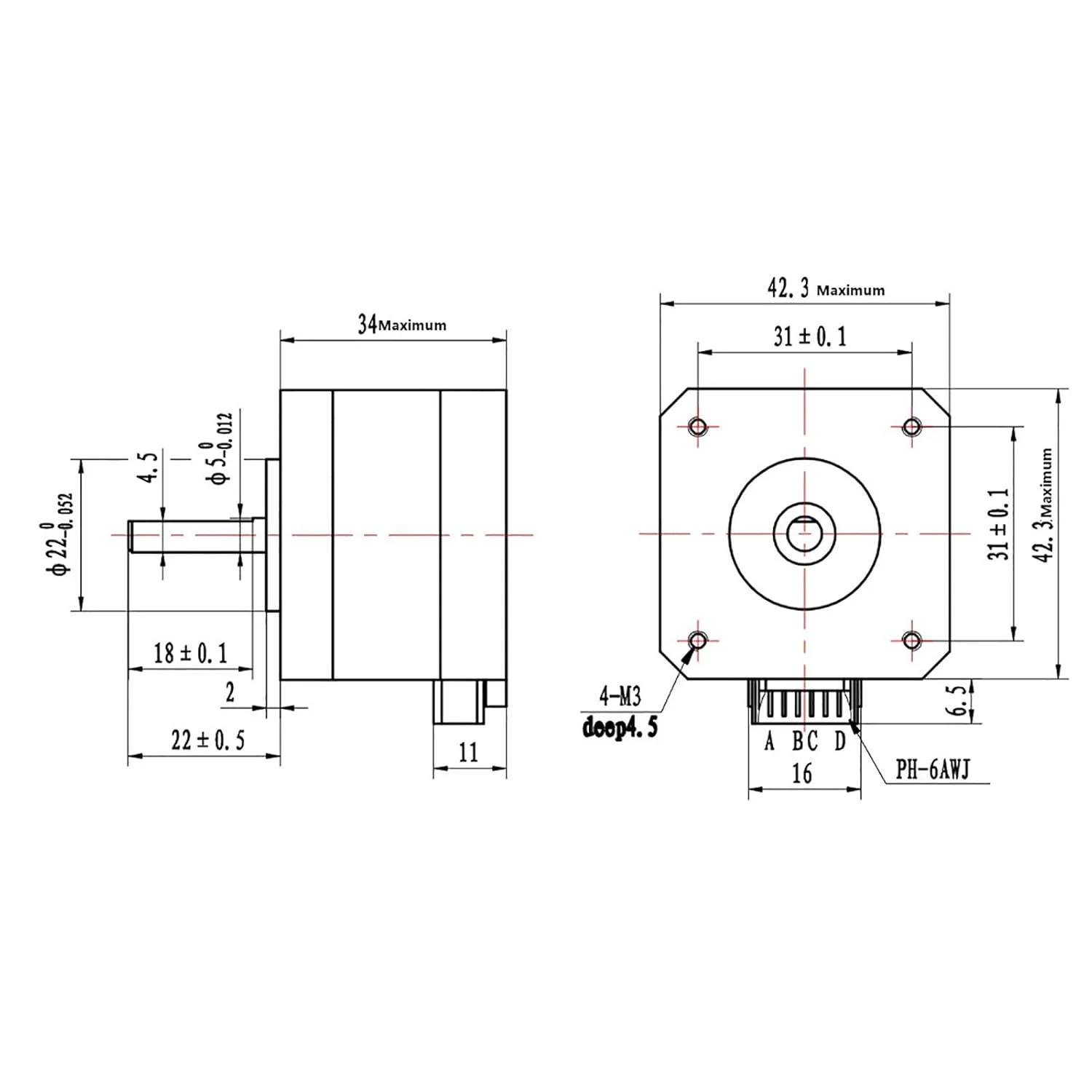 موتور پله‌ای دوقطبی DC4.0V 1.2A 17 با زاویه 1.8 درجه و گشتاور 320mN.m/45oz.in برای پرینتر سه بعدی با ارتفاع 34 میلی‌متر