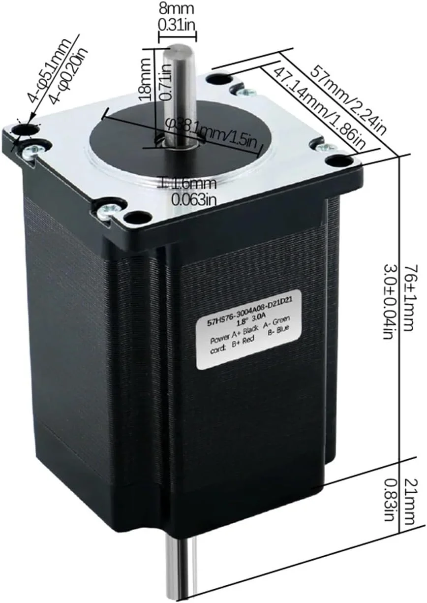 موتور پله ای Nema23 57HS76، دو فاز، 4 سیم، 2 نیوتن متر، 2.8 آمپر/3 آمپر، طول 76 میلی متر، شفت 6.35 میلی متر/8 میلی متر، برای تجهیزات پرینتر سه بعدی و مانیتور (شفت تکی 8 میلی متر)