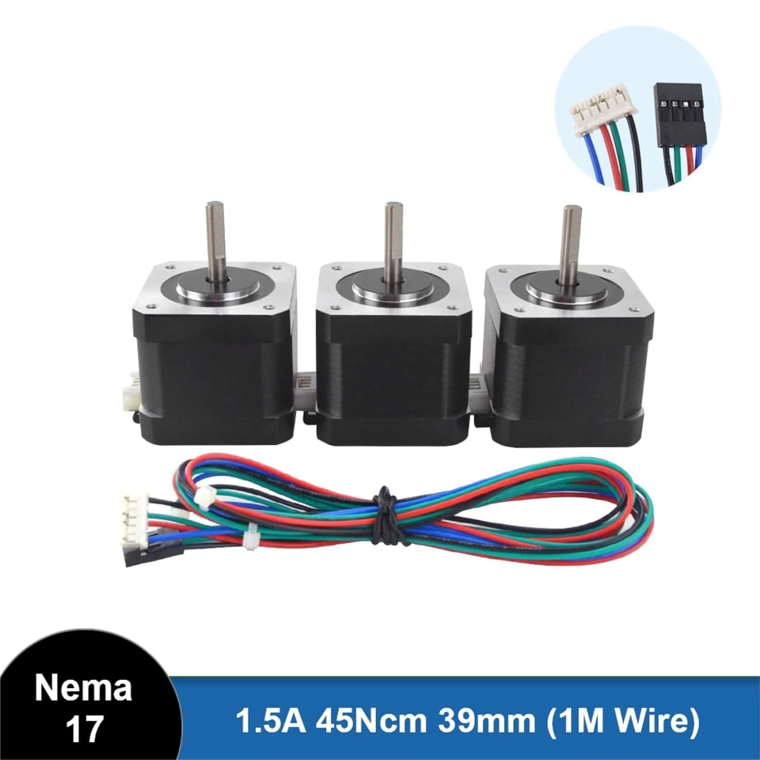 یک عدد موتور پله ای Nema 17، 39 میلی متر، 42BYGH، 1.5 آمپر، 45Ncm Nema17، 4 سیم با کابل 1 متری و کانکتور برای پرینتر سه بعدی (1PC 17HS15-1504S-X1)