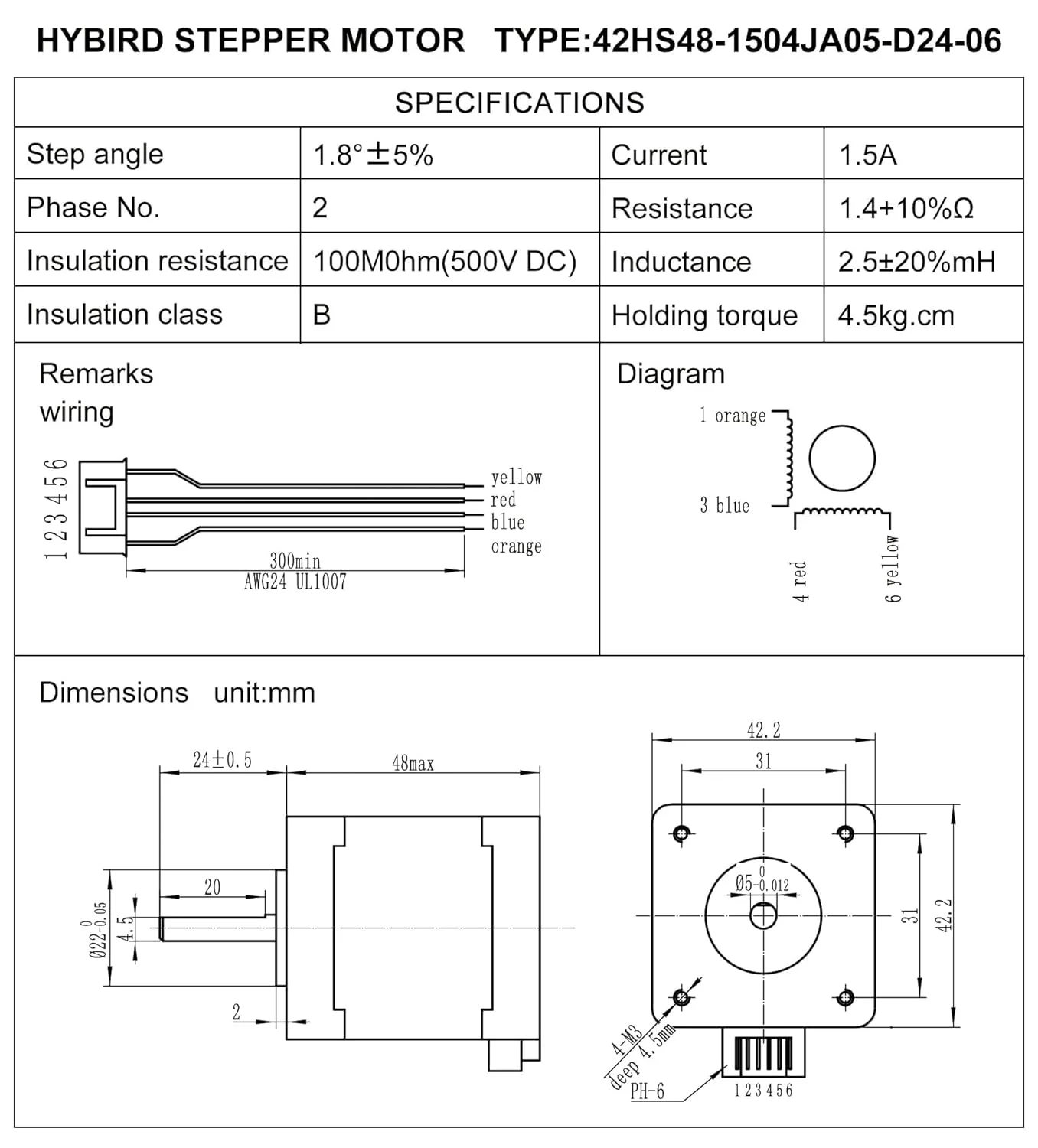 موتور پله ای Nema 17 48mm، موتور 42، 4.5kg.cm تک محوره 42HS48 برای چاپگر سه بعدی، شفت D شکل 1.2 آمپر - (نوع: A، رنگ: 42HS48 1 عدد)