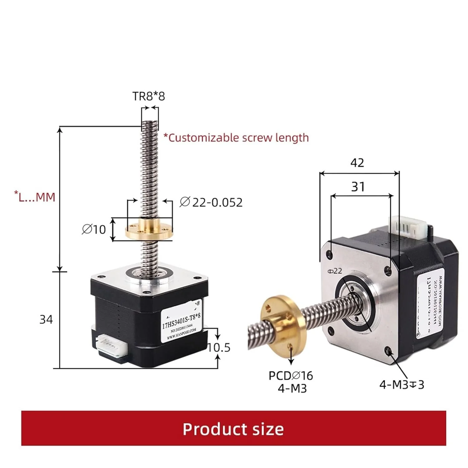 موتور پله ای با پیچ سربی 8 میلی متری 1.3 آمپر 28N.CM 34 میلی متری 17HS3401S-T8*8 300 میلی متری برای موتور پرینتر سه بعدی محور Z موتور پله ای پیچ 1 عدد