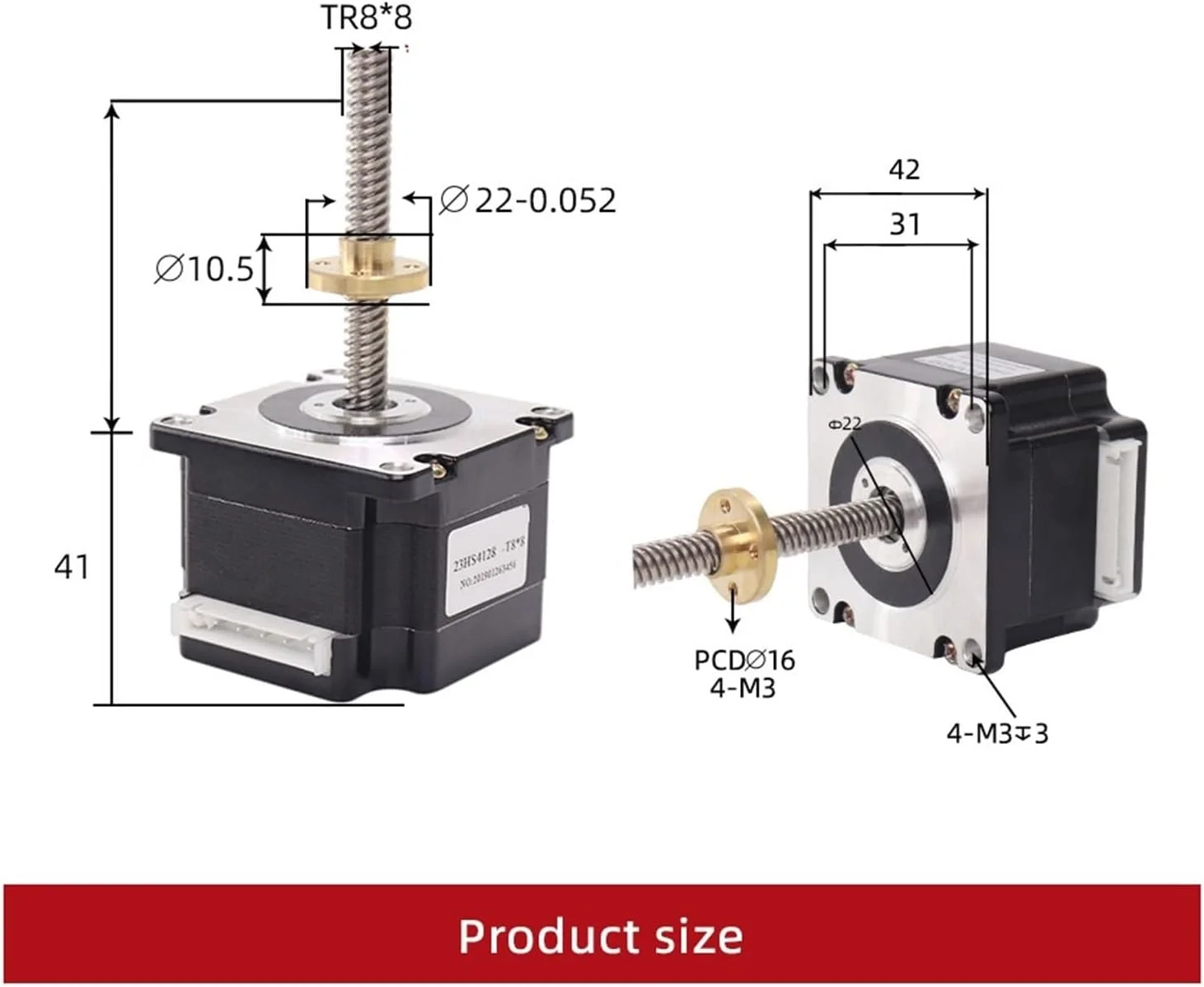 یک عدد موتور پله‌ای پیچی 23HS4128-T8 با طول پیچ 300 میلی‌متر به همراه مهره مسی با گام 2/4/8 میلی‌متر برای موتور چاپگر سه بعدی (23HS4128-T8x8-300mm)