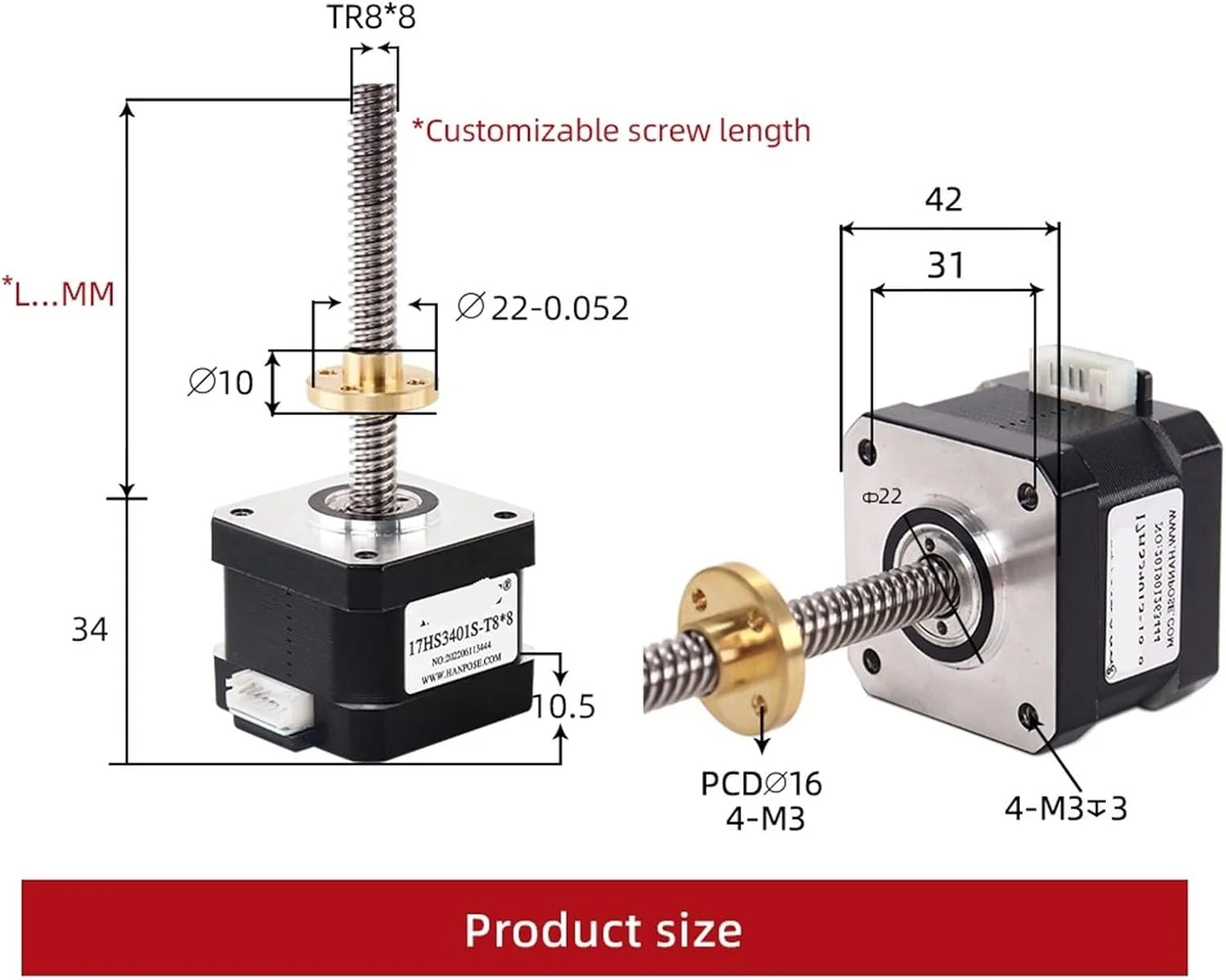 موتور پله ای با پیچ سربی 8 میلی متری 1.3 آمپر 28N.CM 34 میلی متر 17HS3401S-T8*8 300 میلی متر برای موتور چاپگر سه بعدی محور Z موتور پله ای پیچ 1 عدد