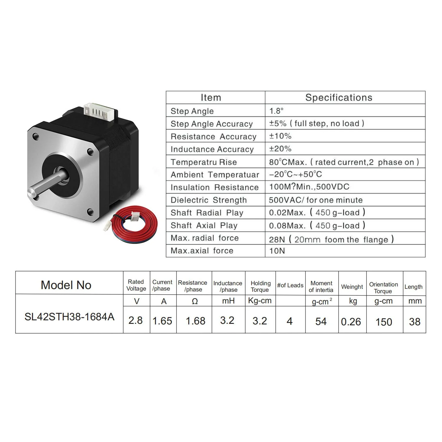 [بسته 5 عددی] موتور پله ای Nema 17، موتور پله ای دو فاز 17HS4401 دوقطبی 1.5 آمپر 42x42x38mm، 4 سیم، کابل 1 متری برای پرینتر سه بعدی