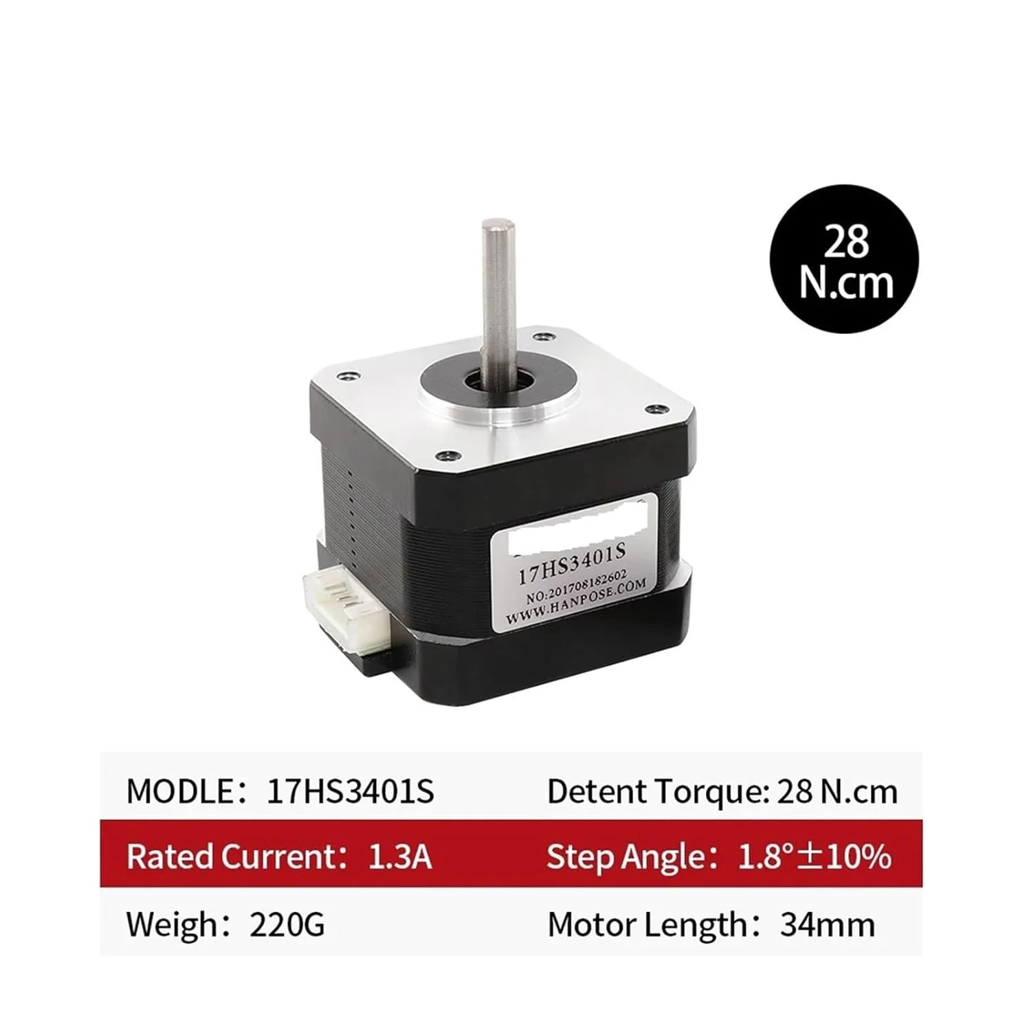 موتور پله‌ای Nema 17 مدل 17HS3401S، 1.3 آمپر، 28N.CM، ارتفاع 34 میلی‌متر، 4 سیم برای پرینتر سه بعدی 42BYGH34 به همراه سیم، موتور پله‌ای CNC 42