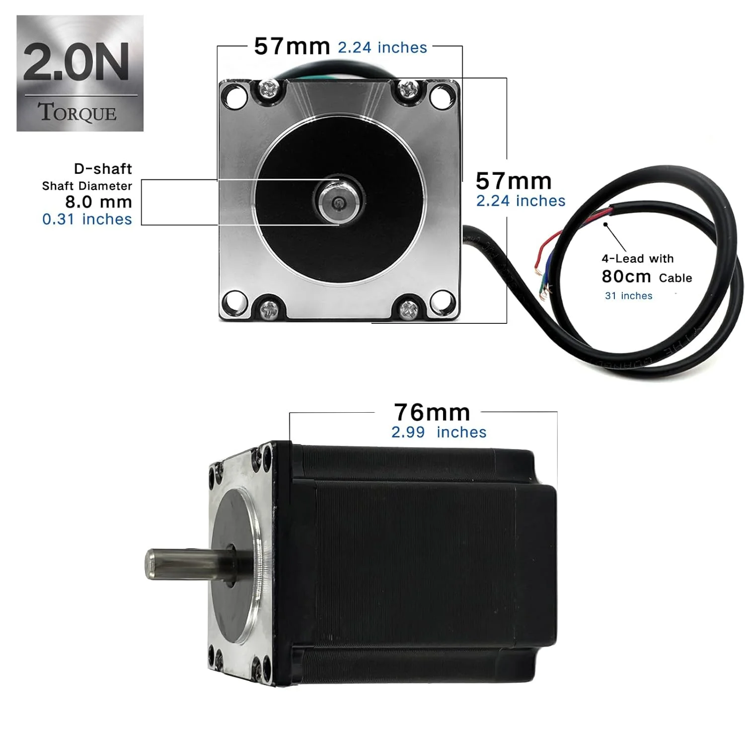 موتور پله‌ای Nema 23 بدنه 57x57x76mm، زاویه پله 1.8 درجه، 3.0 آمپر، گشتاور 2.0 نیوتن متر، 2 فاز 4 سیم با کابل 80 سانتی‌متری برای پرینتر سه بعدی، دستگاه CNC و رباتیک