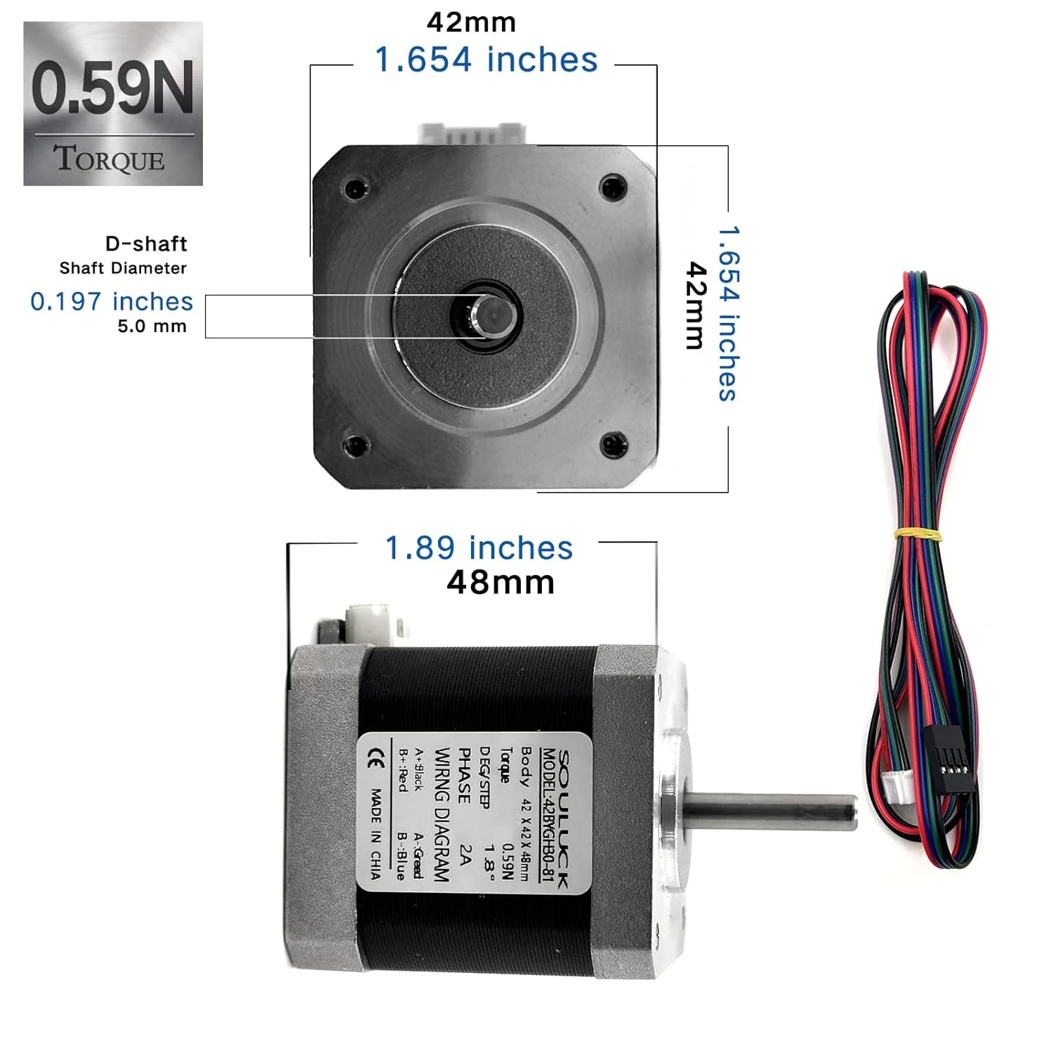 موتور پله ای Nema 17، 59Ncm، دو قطبی 2A، 1.8 درجه، 4 سیم با کابل 1 متری و کانکتور، مناسب پرینتر سه بعدی/CNC 42x42x48mm