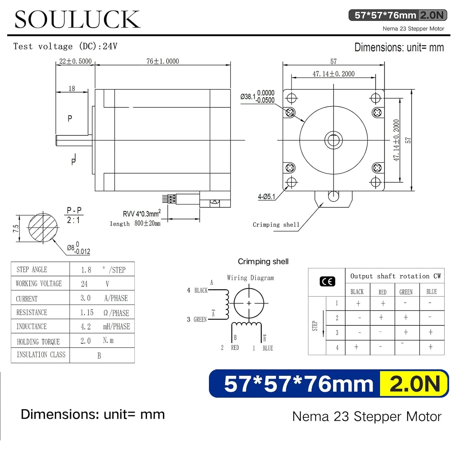 موتور پله‌ای Nema 23 بدنه 57x57x76mm، زاویه پله 1.8 درجه، 3.0 آمپر، گشتاور 2.0 نیوتن متر، 2 فاز 4 سیم با کابل 80 سانتی‌متری برای پرینتر سه بعدی، دستگاه CNC و رباتیک