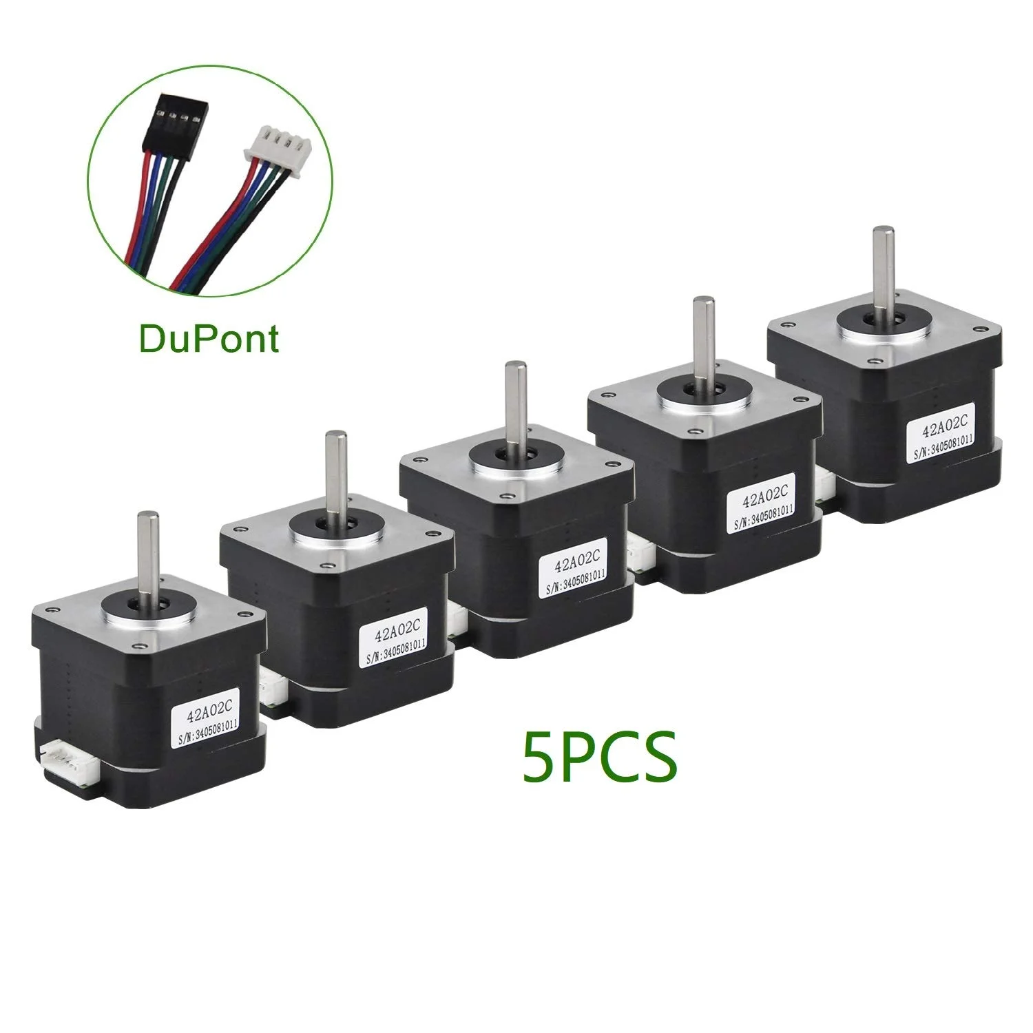 موتور پله ای Nema 17، پنج عدد موتور پله ای دو فاز دوقطبی 1.5 آمپر 42x42x38 میلی متر 4 سیم کابل 30 سانتی متری برای چاپگر سه بعدی (5, 42A02C-Dupont) موتور پله ای Nema 17، پنج عدد موتور پله ای دو فاز دوقطبی 1.5 آمپر 42x42x38 میلی متر 4 سیم کابل 30 سانتی متری برای چاپگر سه بعدی (5, 42A02C-Dupont)