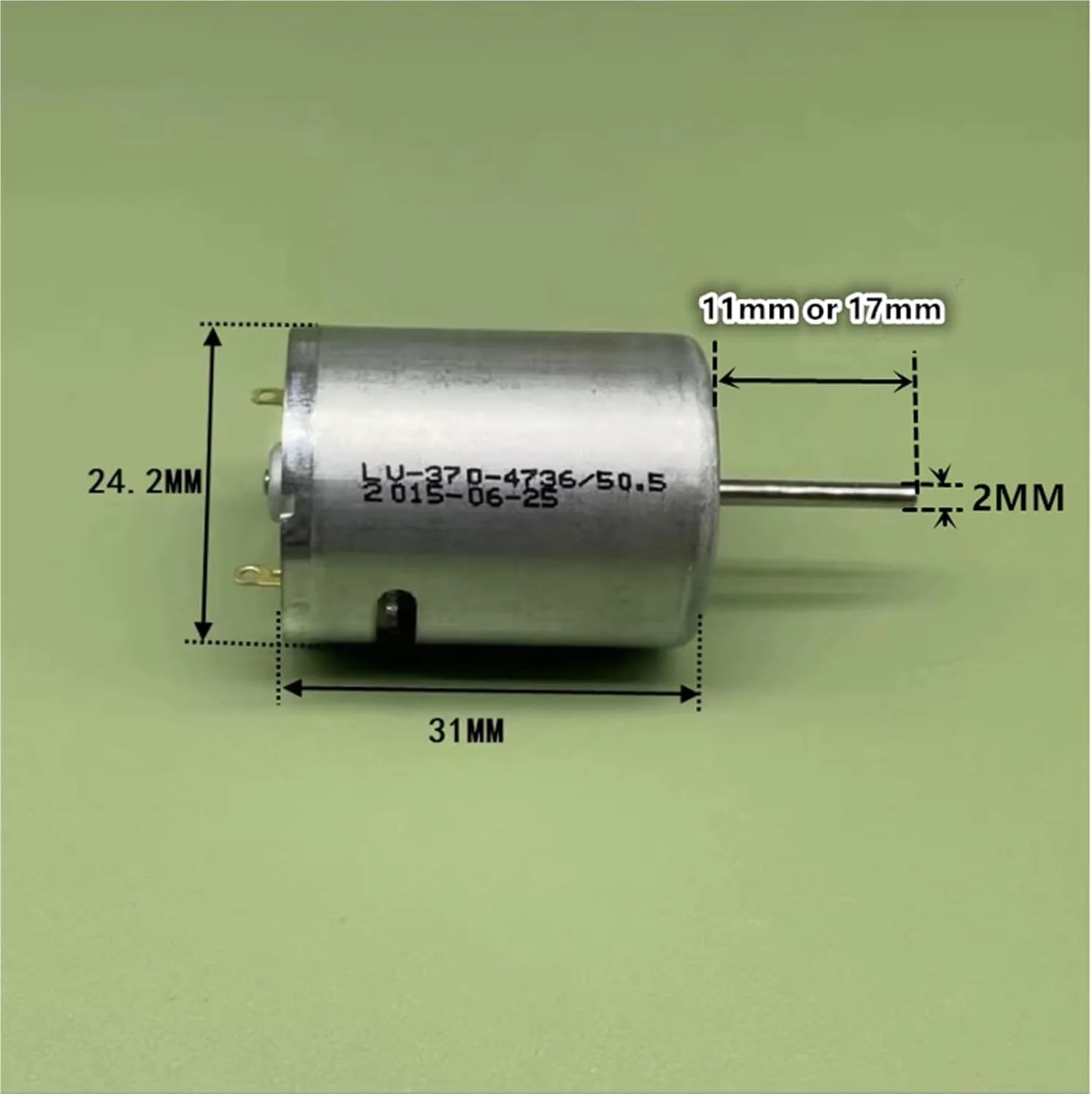موتور DC 370 با سرعت بالا، توان بزرگ، ولتاژ 7.4 ولت، 27500 دور در دقیقه، طول شفت 16 میلی متر، برس کربنی 3.7 ولت 6 ولت - 1 عدد