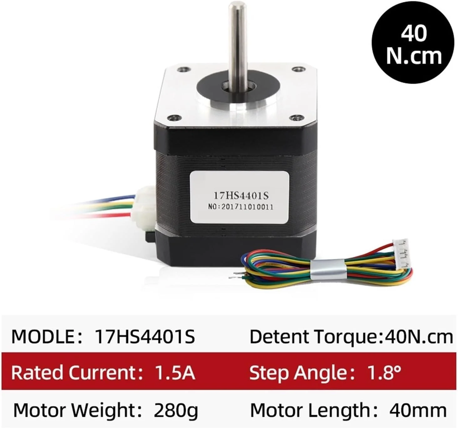 یک عدد موتور پله ای ۱.۸ درجه مدل ۱۷HS4401S با گشتاور ۴۰N.CM و جریان ۱.۵ آمپر، ۲ فاز، ۴ سیم مناسب برای پرینتر سه بعدی (تک شفت ۴۴۰۱S)
