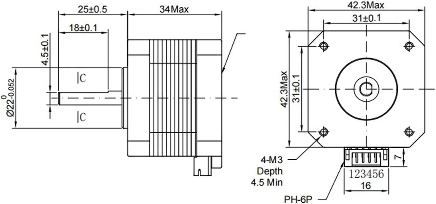 موتور پله‌ای دو فاز، 42x34 میلی‌متر فولاد کربنی، زاویه پله 1.8 درجه، 3 ولت DC، 1.3 آمپر، 1000 دور در دقیقه برای پرینتر سه بعدی، نورپردازی صحنه، حکاکی