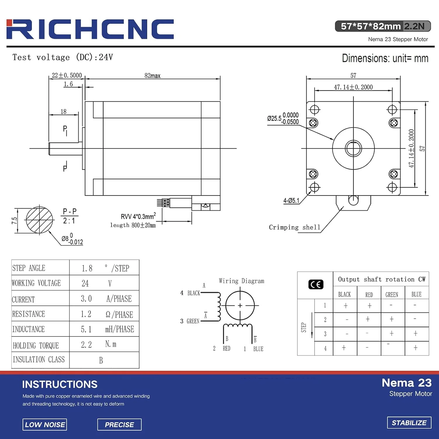 موتور پله ای CNC Nema 23، 2.2 نیوتن متر، دو قطبی 3.0 آمپر، مناسب دستگاه فرز CNC، تراش و روتر، ابعاد 57x57x82 میلی متر، 4 سیم