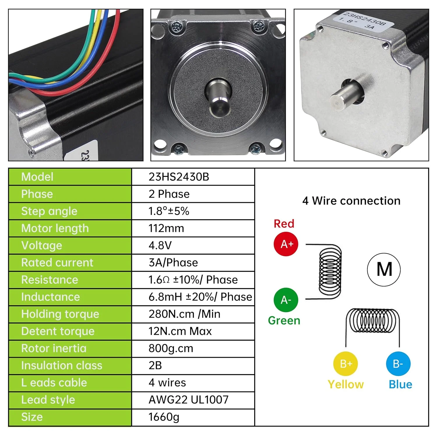 موتور پله ای RATTMMOTOR Nema23 مدل 23HS2430B دو شفت 57mm×57mm×112mm، 425oz-in، 1.8°، 3A، 4 سیم برای دستگاه CNC فرز و حکاکی