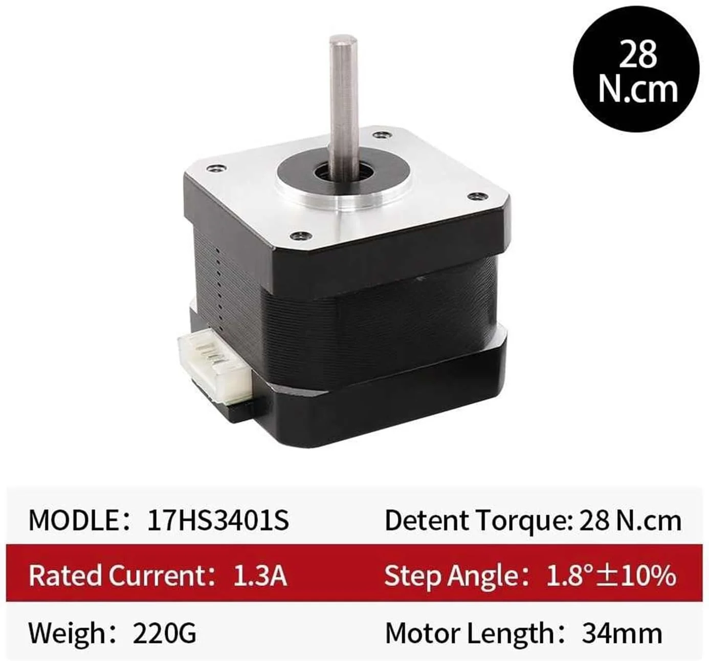 موتور پله‌ای 1.8 درجه Nema 17، 1.3 آمپر، 28N.cm، 4 سیم، 17HS3401S-D، 42BYGH34، قطعات لبه‌گیر کرمی CNC، پرینتر سه بعدی 12 ولت (3401S شفت دوگانه)