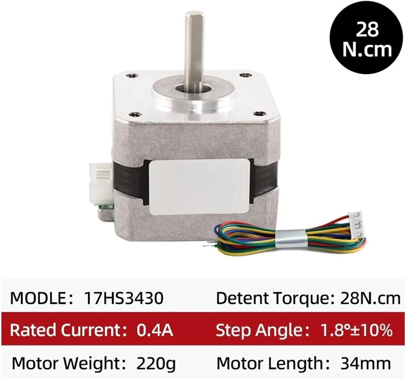 موتور پله‌ای 1.8 درجه Nema17، 2 فاز، 4 سیم، مدل 17HS3430-D، مناسب دستگاه CNC و پرینتر سه بعدی 12 ولت (1 عدد 17HS3430-D)