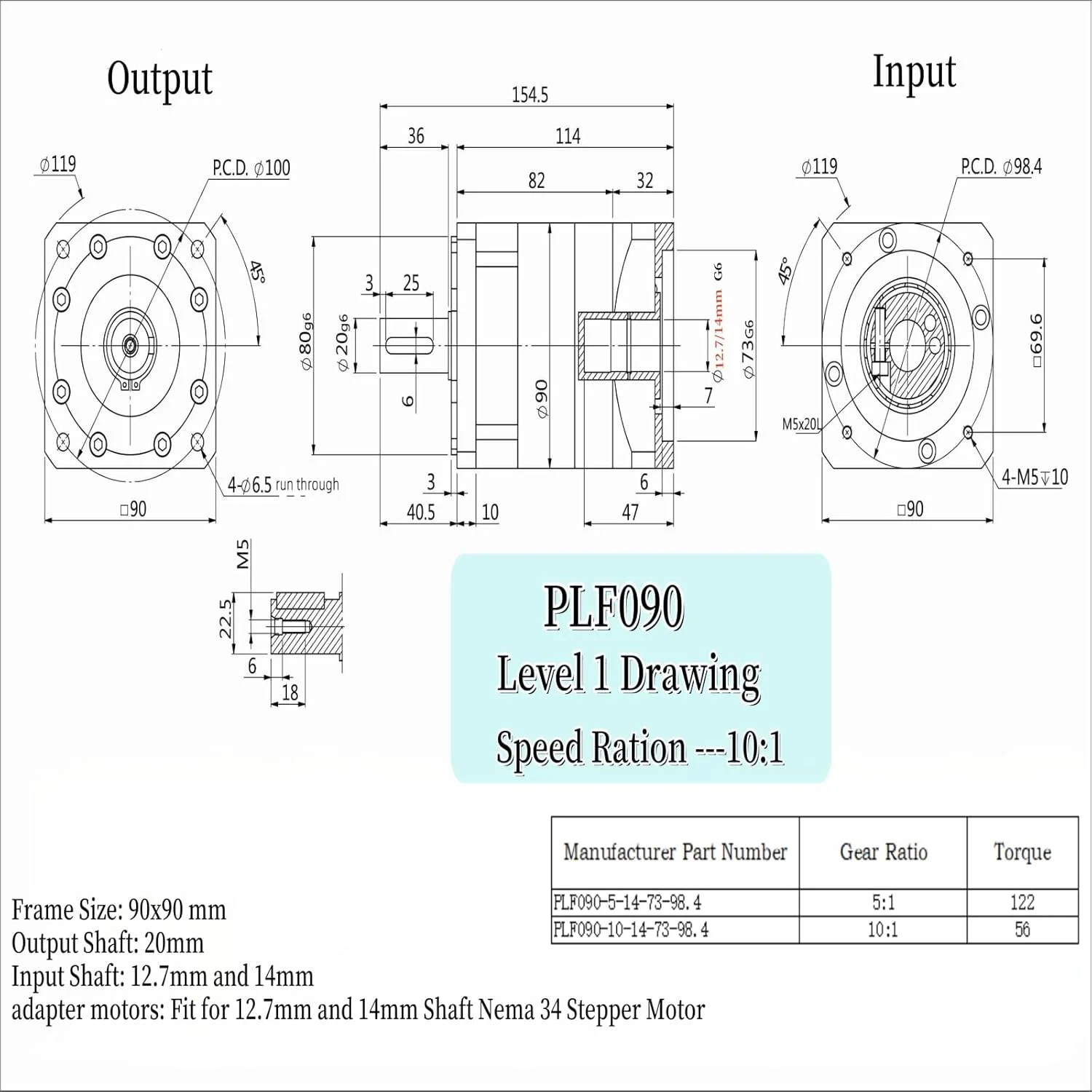 گیربکس سیاره ای کاهنده سرعت با نسبت 10:1 و لقی 7 دقیقه قوسی برای شفت 14 میلی متری / 12.7 میلی متری موتور پله ای 86 میلی متری Nema34، گیربکس سیاره ای 3500 دور در دقیقه
