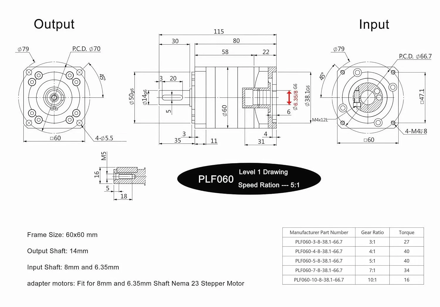 گیربکس کاهنده دور سیاره ای Nema23 با لقی 7 دقیقه قوس، نسبت دنده 5:1، گشتاور 40 نیوتن متر، 4000 دور در دقیقه برای شفت 8 میلی متر / 6.35 میلی متر، موتور پله ای 57 میلی متری برای دستگاه CNC Router، دستگاه تراش رومیزی، چاپگر سه بعدی