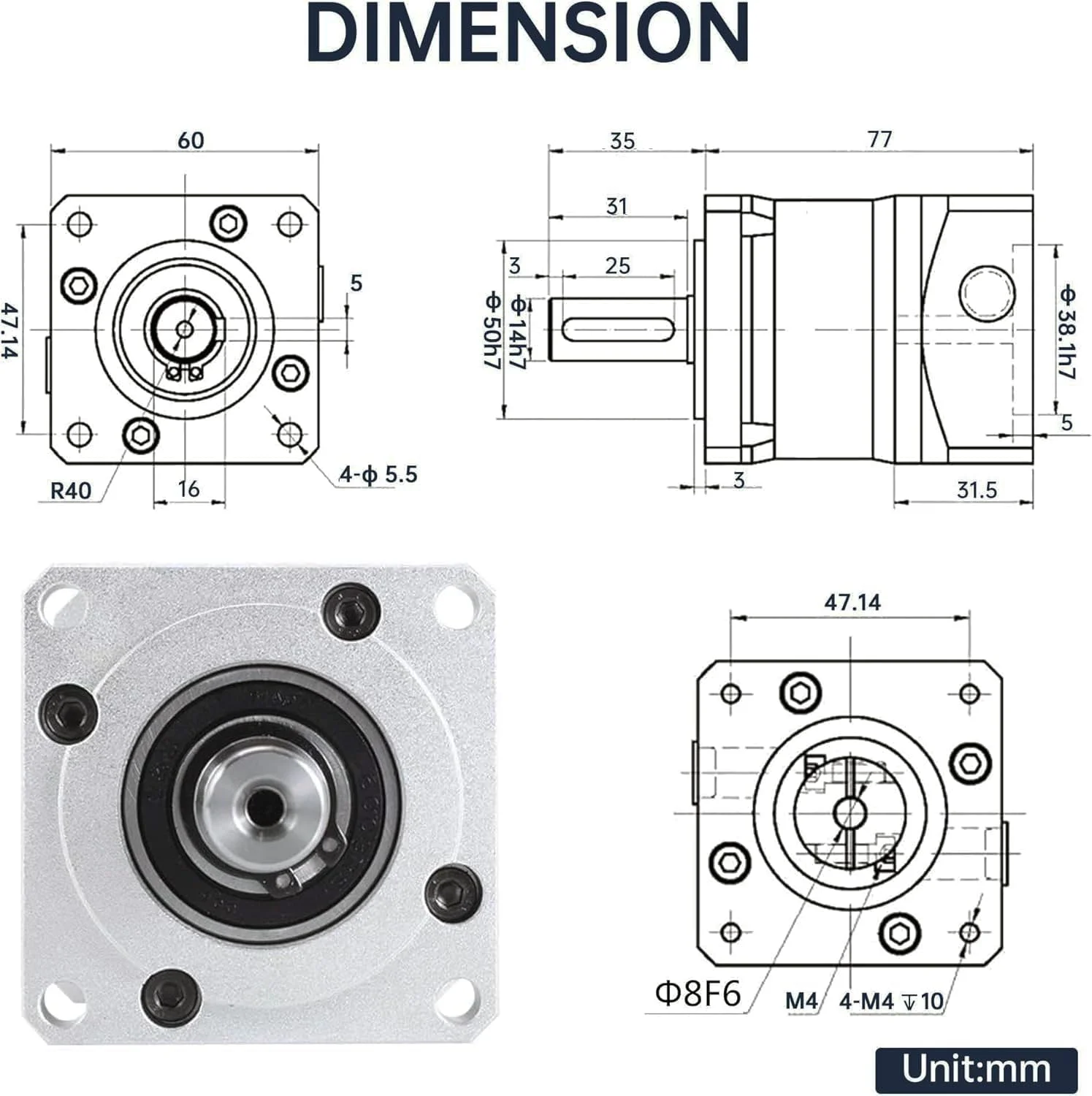 گیربکس سیاره ای نسبت دنده 10:1 لقی 7 دقیقه قوسی برای شفت 8 میلی متری موتور پله ای Nema 23 برای چاپگر سه بعدی/دستگاه تراش رومیزی CNC، 3000 دور در دقیقه IP65