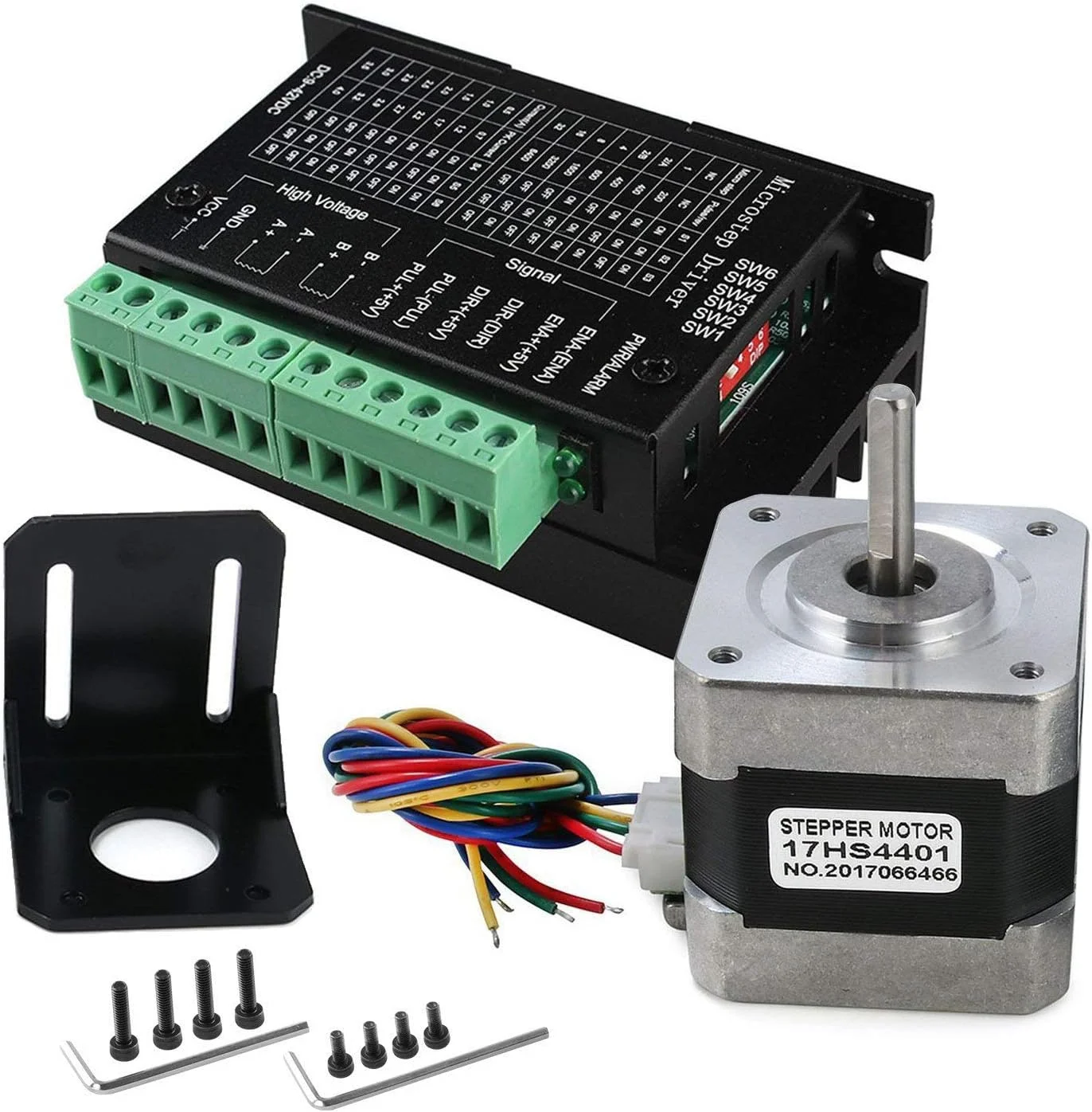 درایور موتور پله ای TB6600 4A 9-42V CNC به همراه موتور پله ای Nema 17 دوقطبی 1.7A 40N.Cm و براکت نصب موتور برای پرینتر سه بعدی، روتر CNC، مشکی و نقره ای