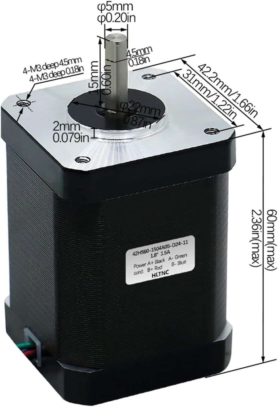 موتور پله ای Nema17 0.7Nm 42HS60 1.5A طول 60mm شفت 5mm چهار سیمه دو فاز برای پرینتر سه بعدی و حکاکی